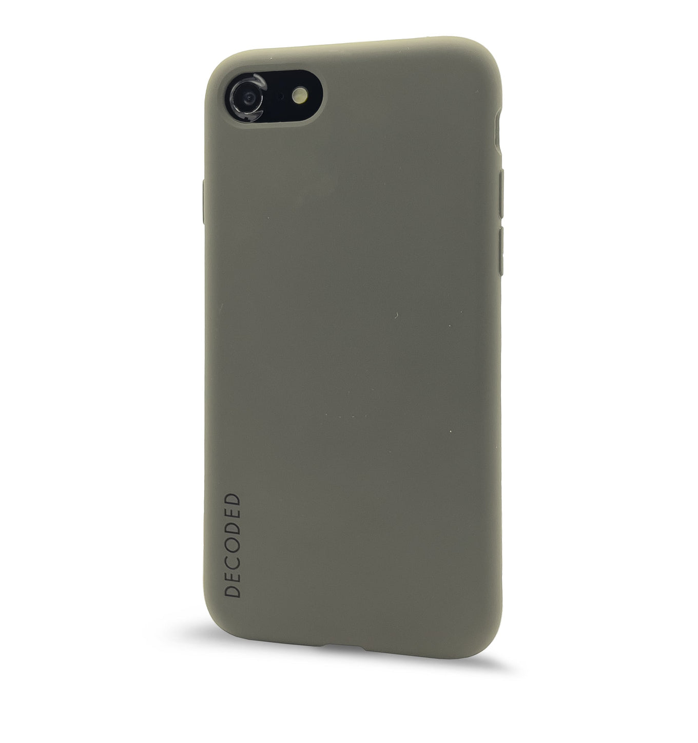 Custodia per telefono verde oliva con fotocamera. La scritta DECODED è sul lato.