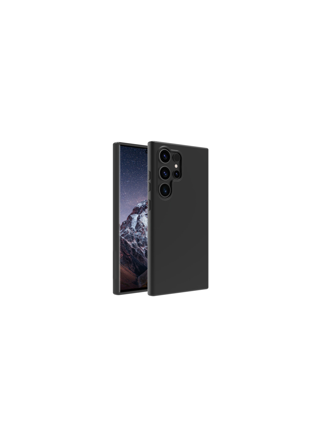 Telefono nero in custodia, con scena di montagna. Il telefono è su sfondo bianco.