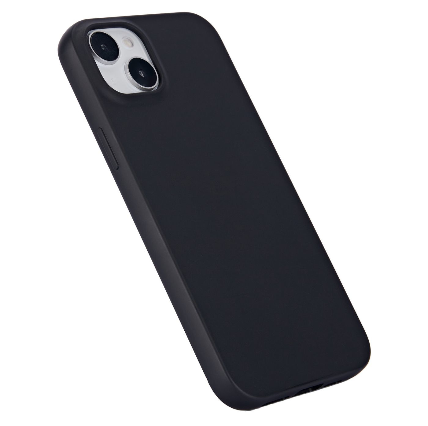 Custodia nera per telefono. Ritagli multipli per fotocamera visibili. Vista angolata su sfondo bianco.