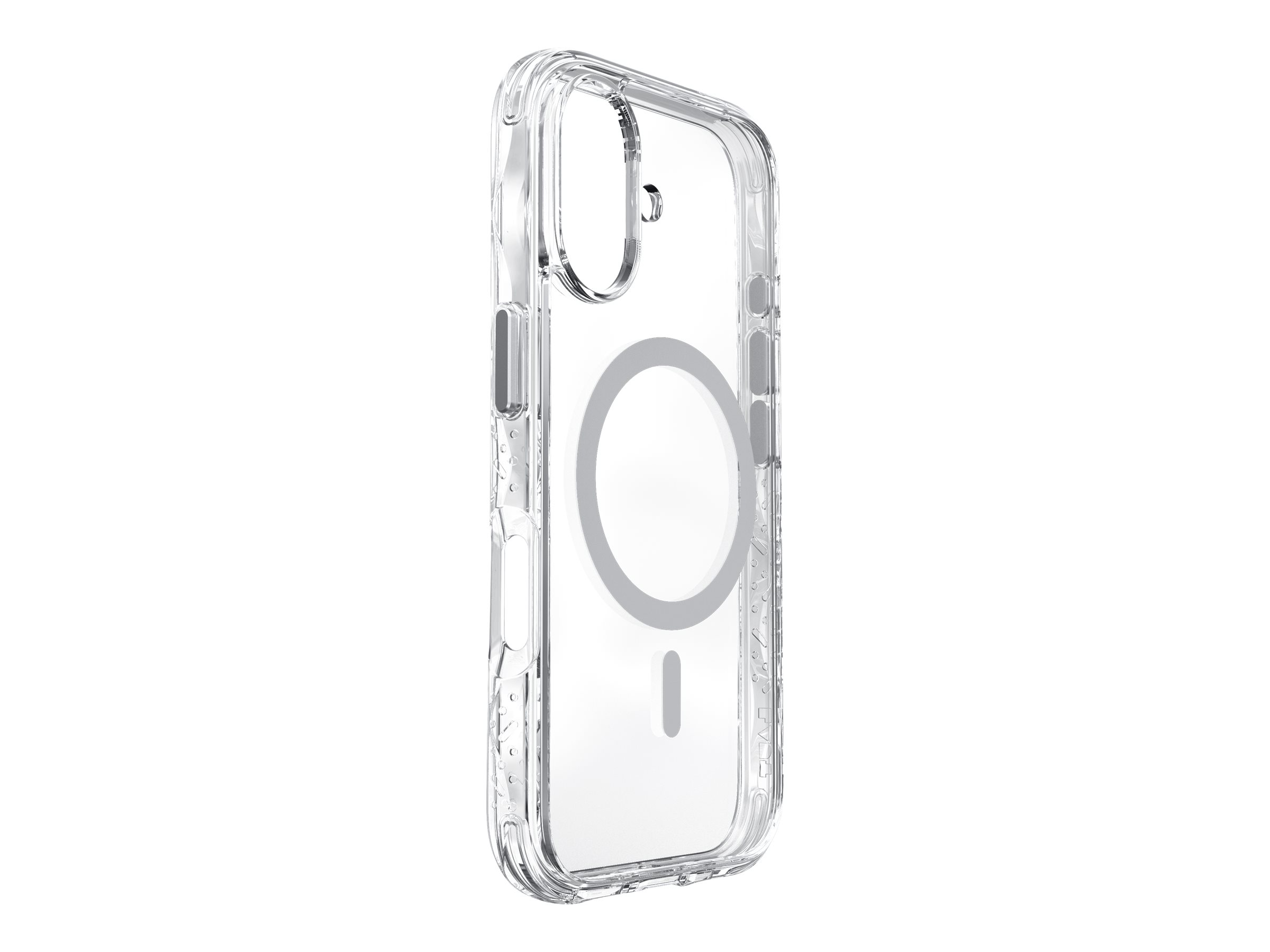 Custodia trasparente con cerchio MagSafe e ritaglio per la fotocamera, su sfondo bianco.