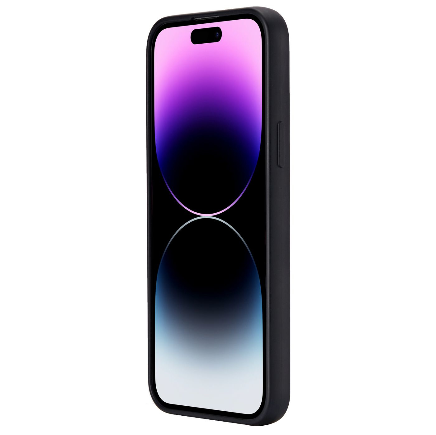 Telefono nero in una custodia nera. Lo schermo è acceso. Il telefono ha una fotocamera.