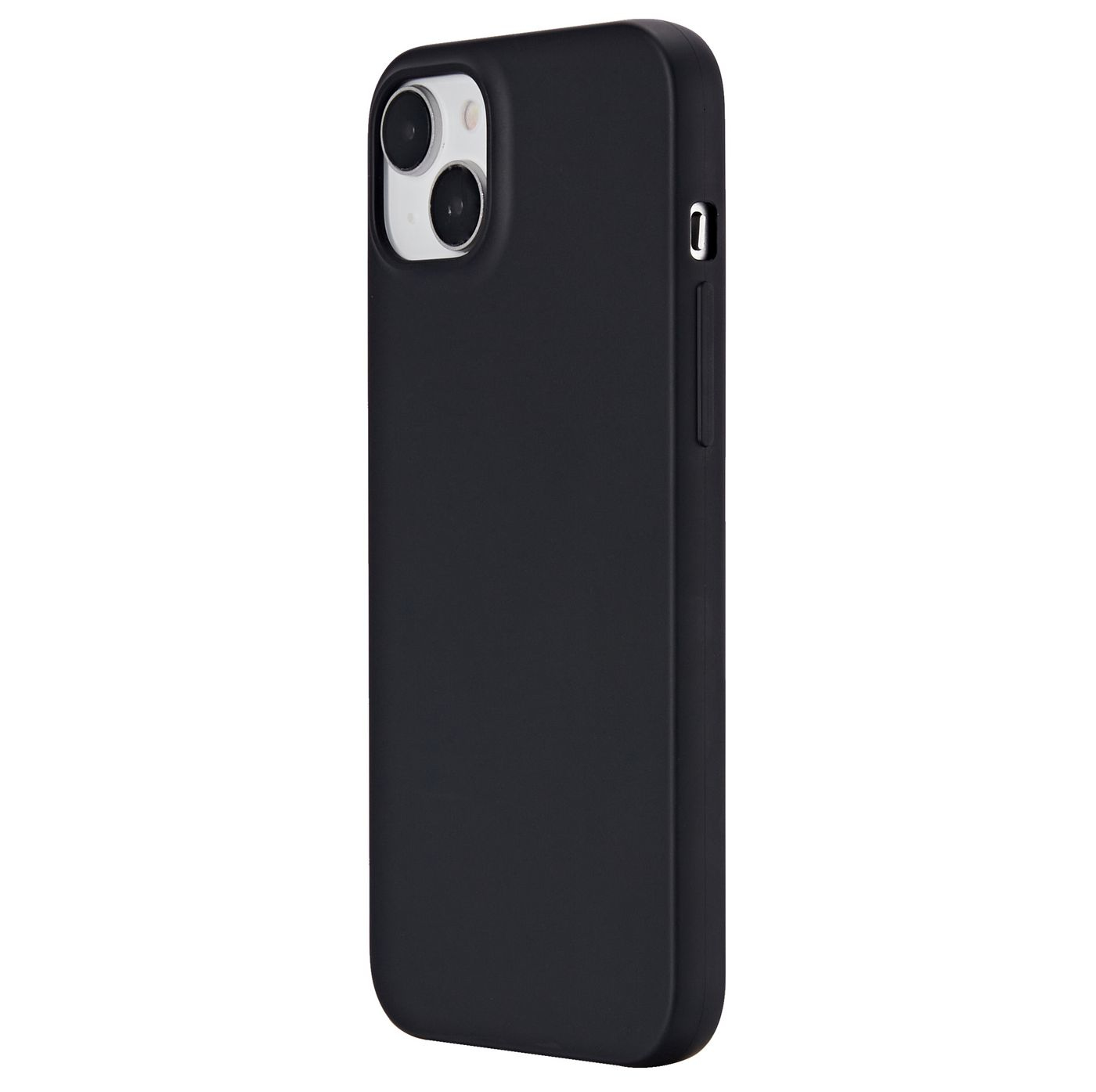 Custodia nera per telefono con lenti della fotocamera e retro nero, su sfondo bianco.