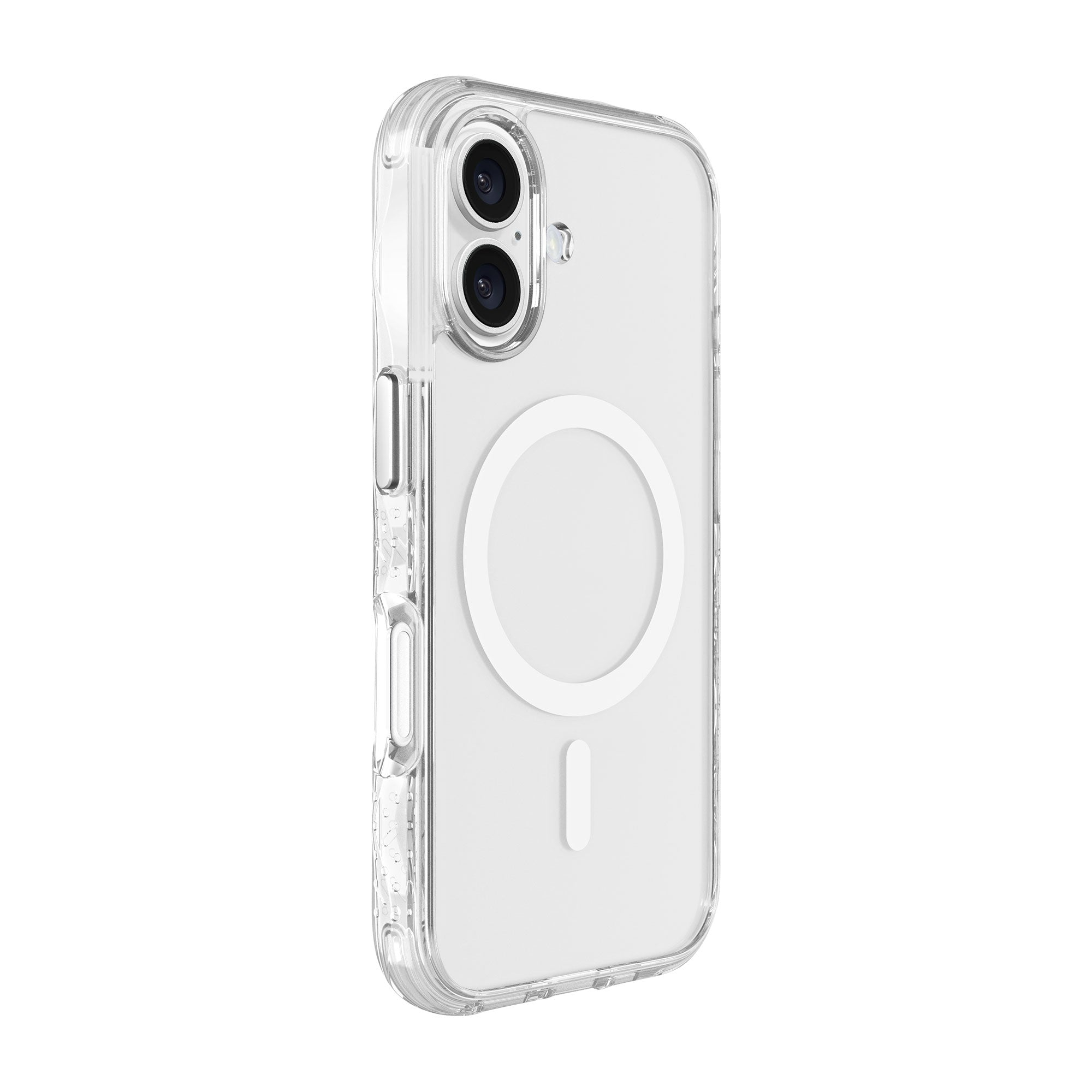 Custodia trasparente con un cerchio bianco al centro. La custodia ha una fotocamera.