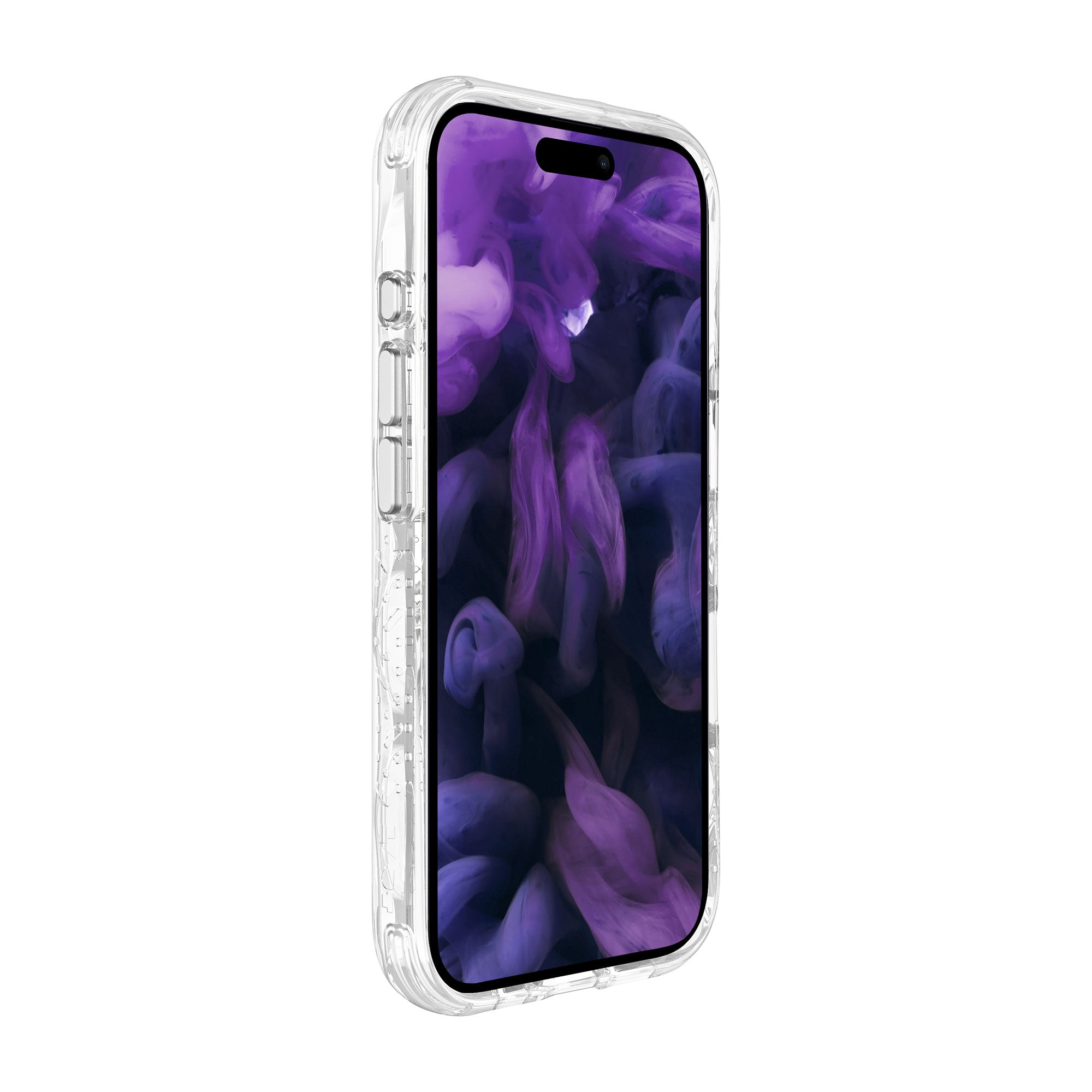 Custodia trasparente con schermo che mostra un design astratto viola e nero, su sfondo bianco.