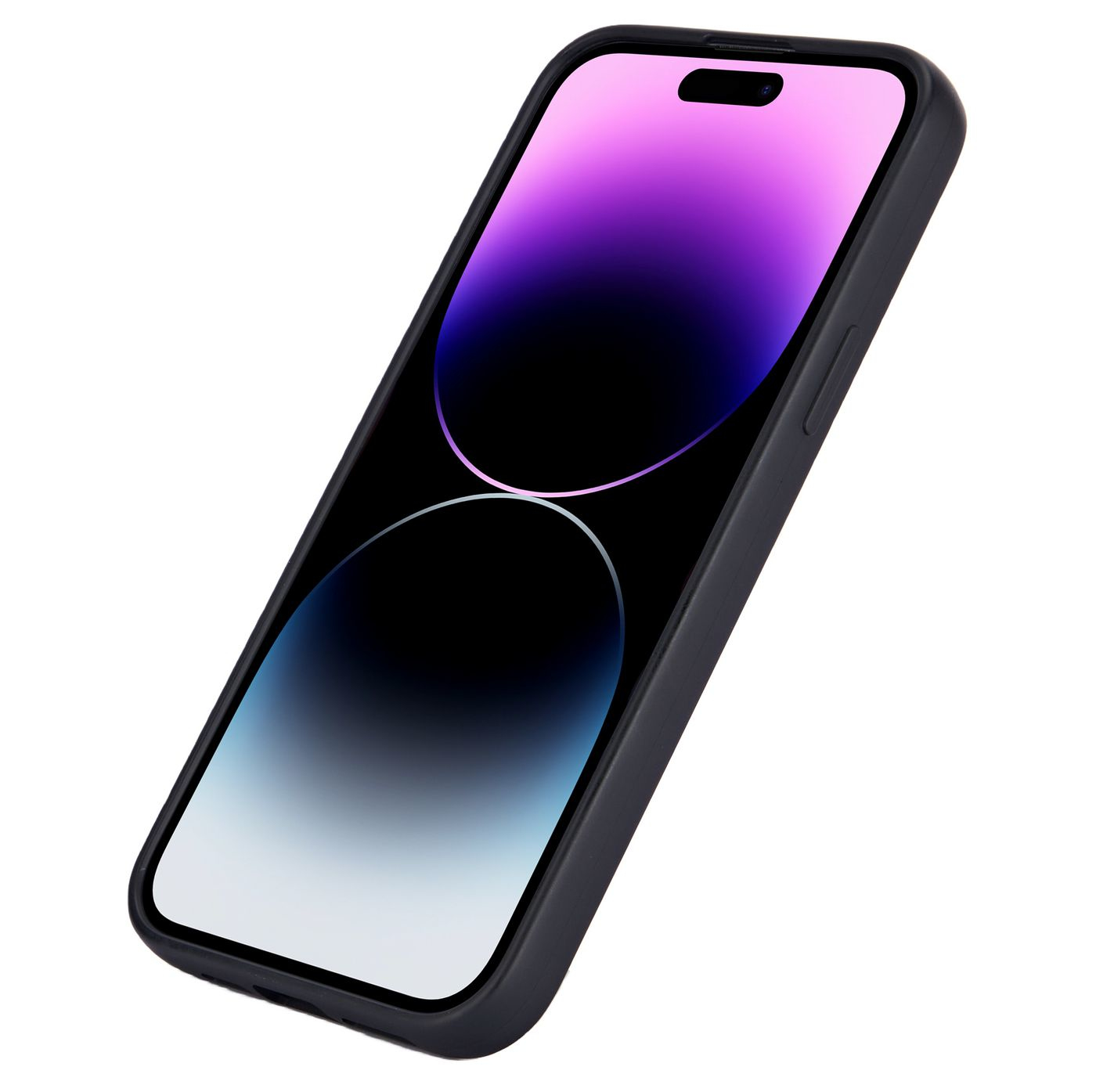 Telefono nero con schermo che mostra una sfumatura di colori, in una custodia nera, inclinato.