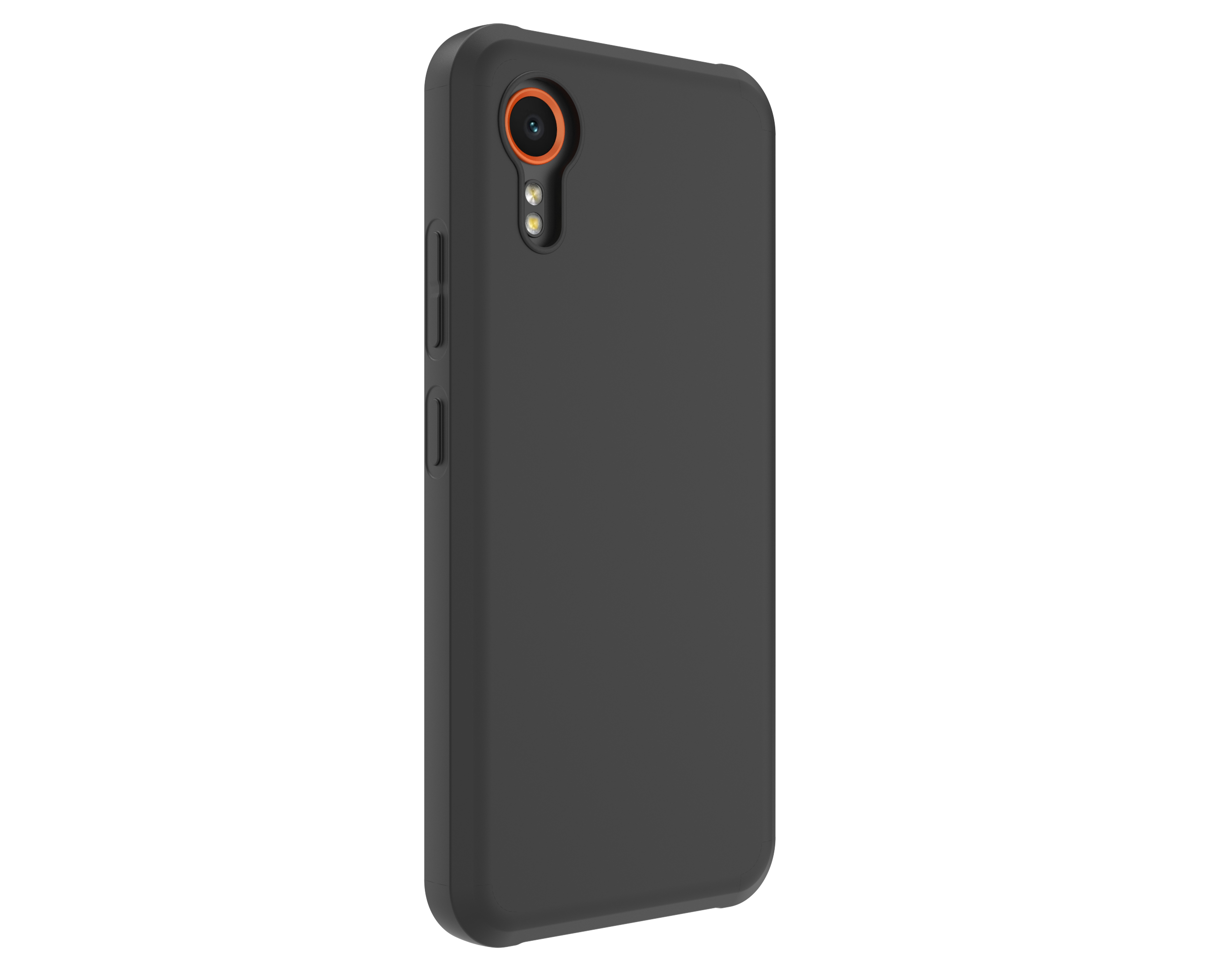 Una custodia nera per telefono con un singolo obiettivo della fotocamera e un anello arancione intorno.