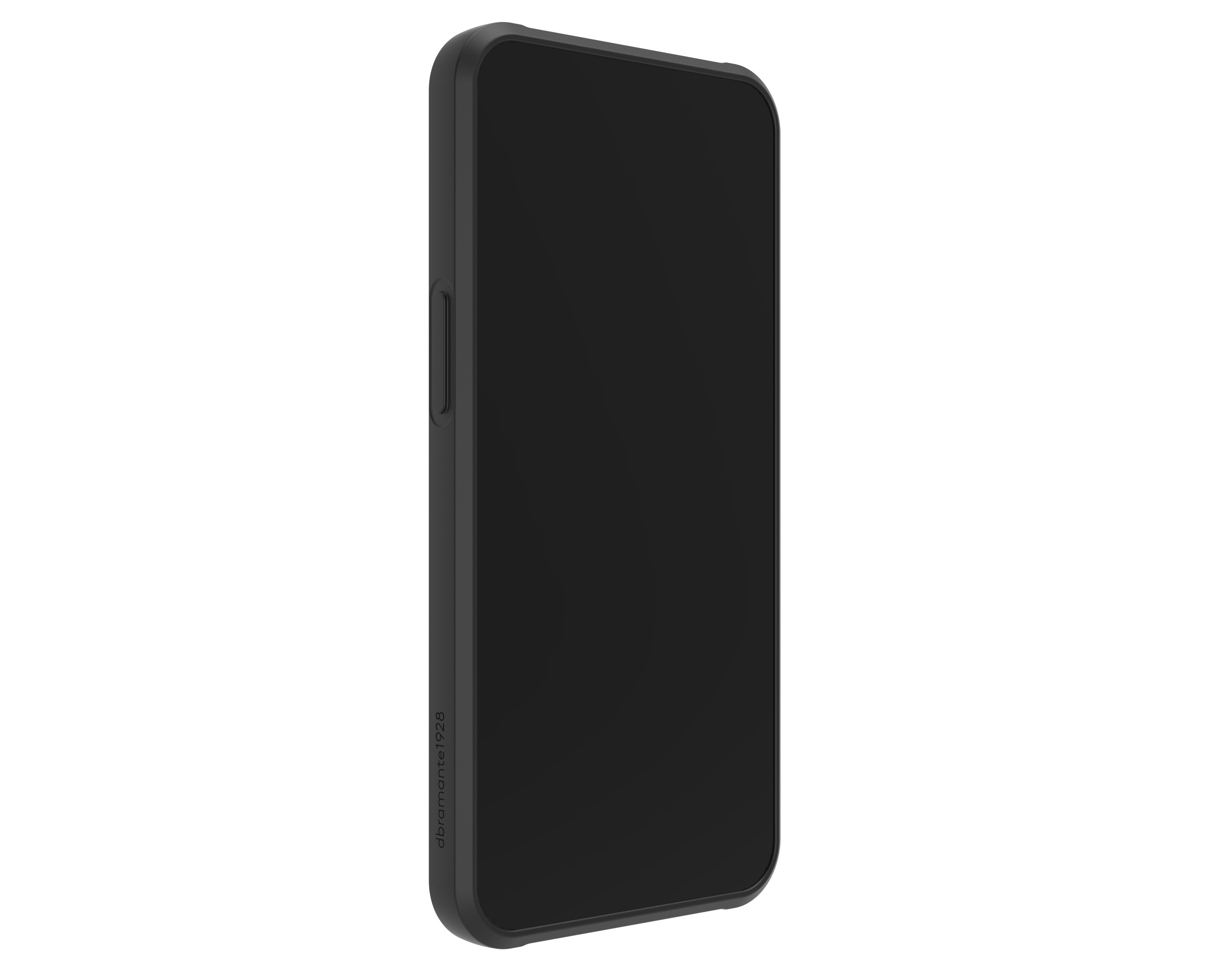 Telefono nero con schermo nero in custodia nera, su sfondo bianco.