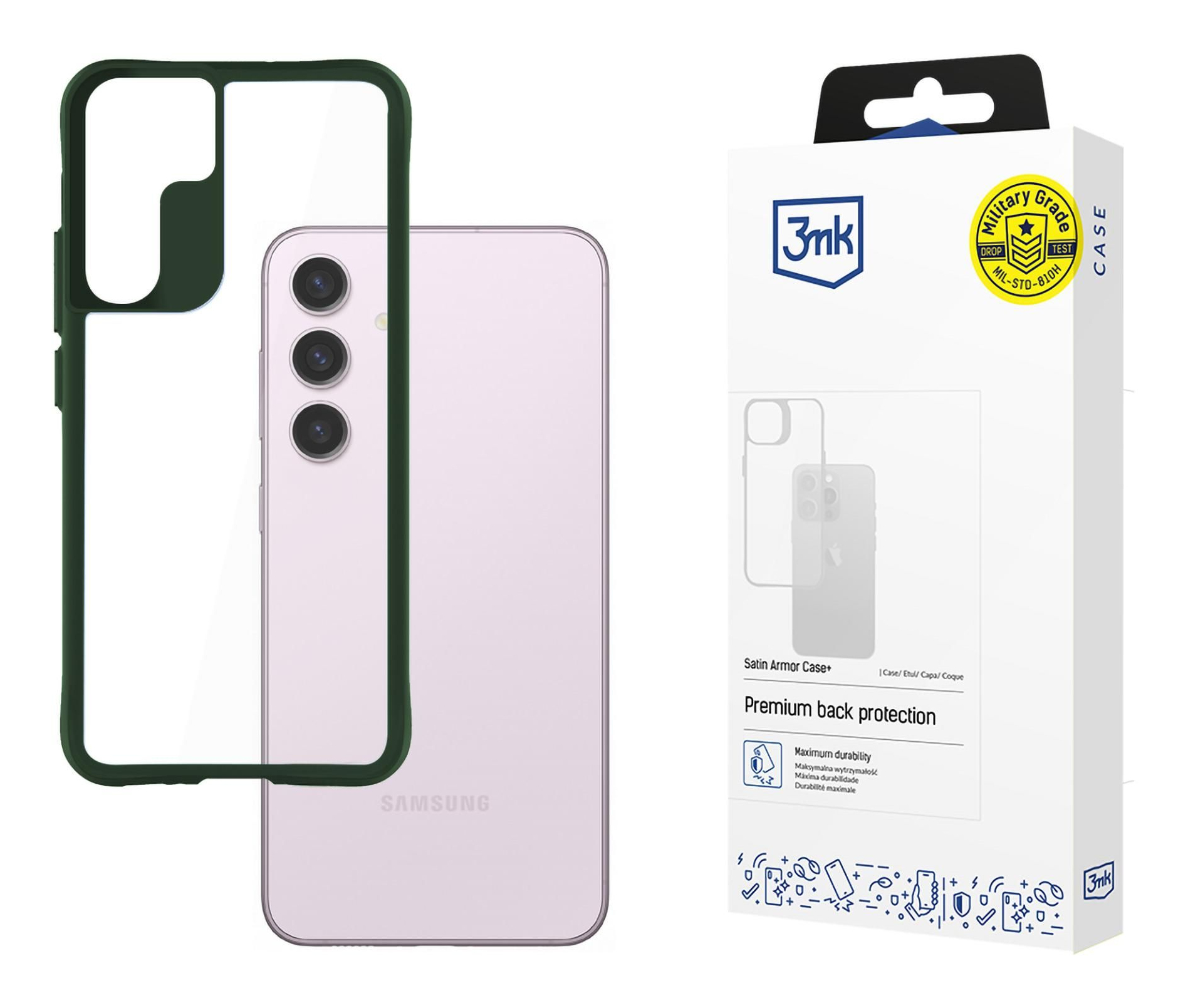 Un telefono e una custodia. La custodia è verde con un telaio trasparente. Una scatola con un logo a destra.