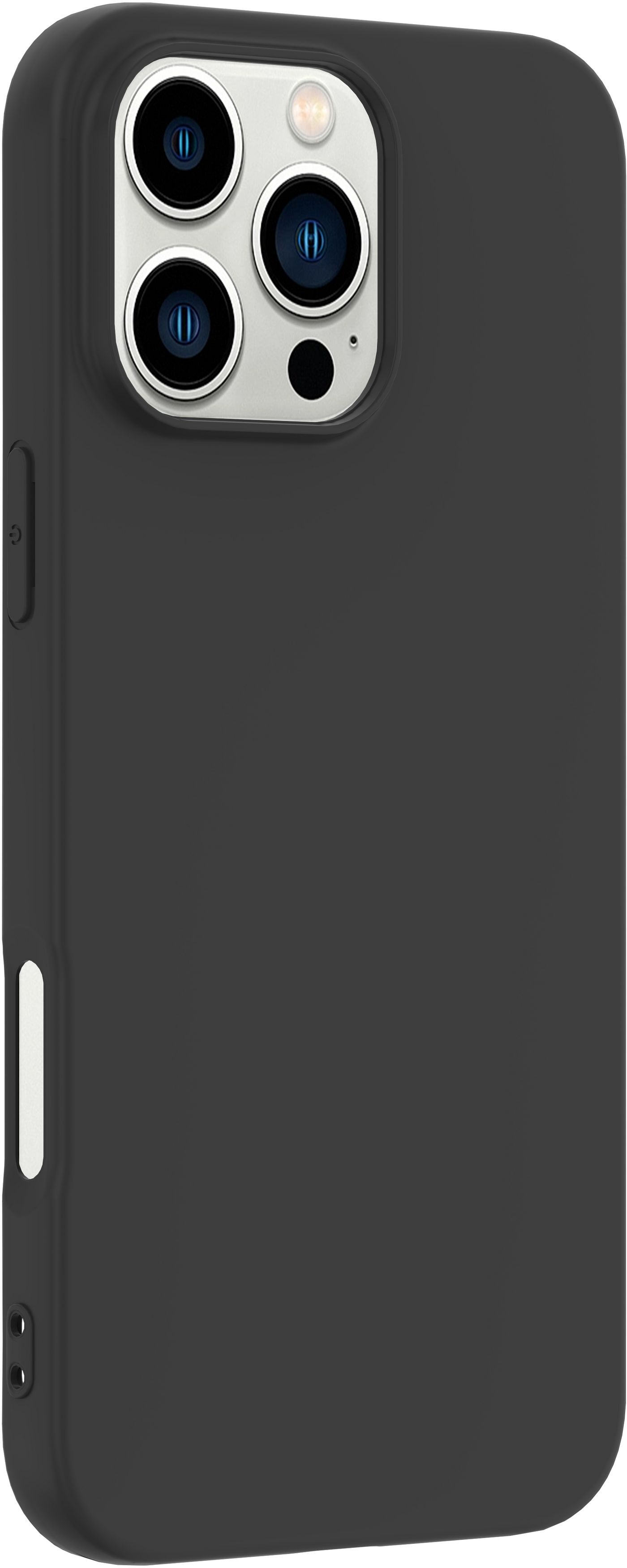 Una custodia nera per telefono con tre obiettivi della fotocamera e un flash, su sfondo bianco.