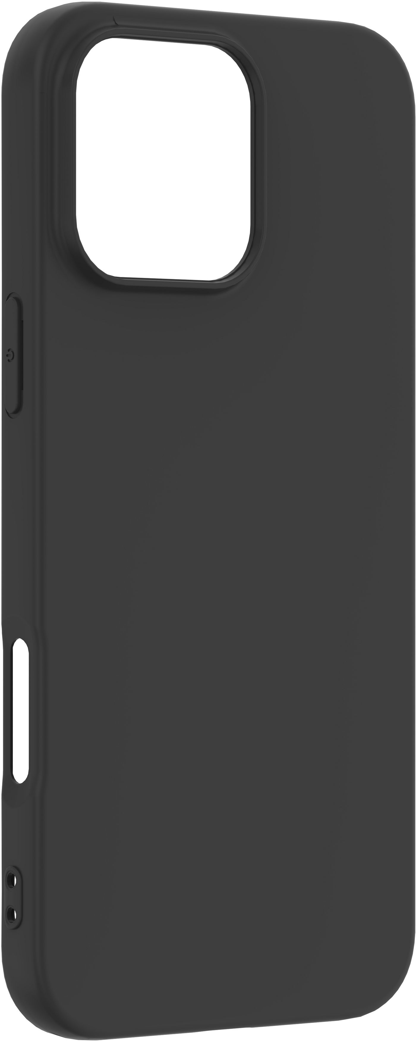 Custodia nera per telefono, con foro per fotocamera e pulsante laterale.