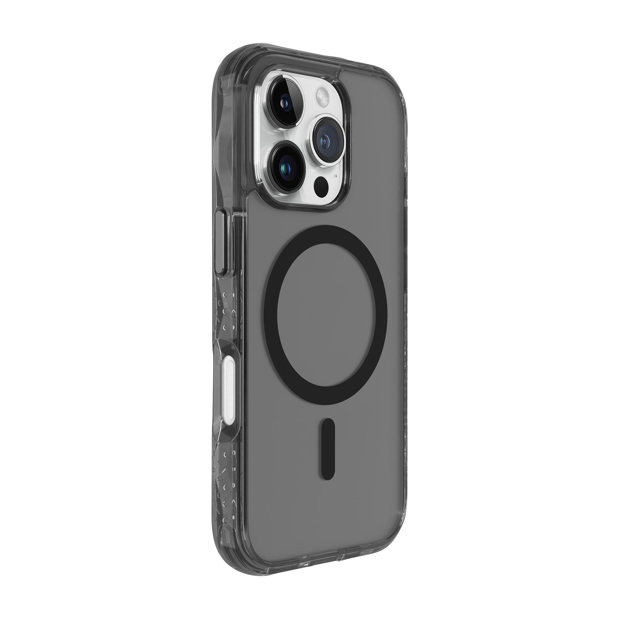 Custodia grigio scuro per telefono con lenti della fotocamera e cerchio nero, sfondo bianco.