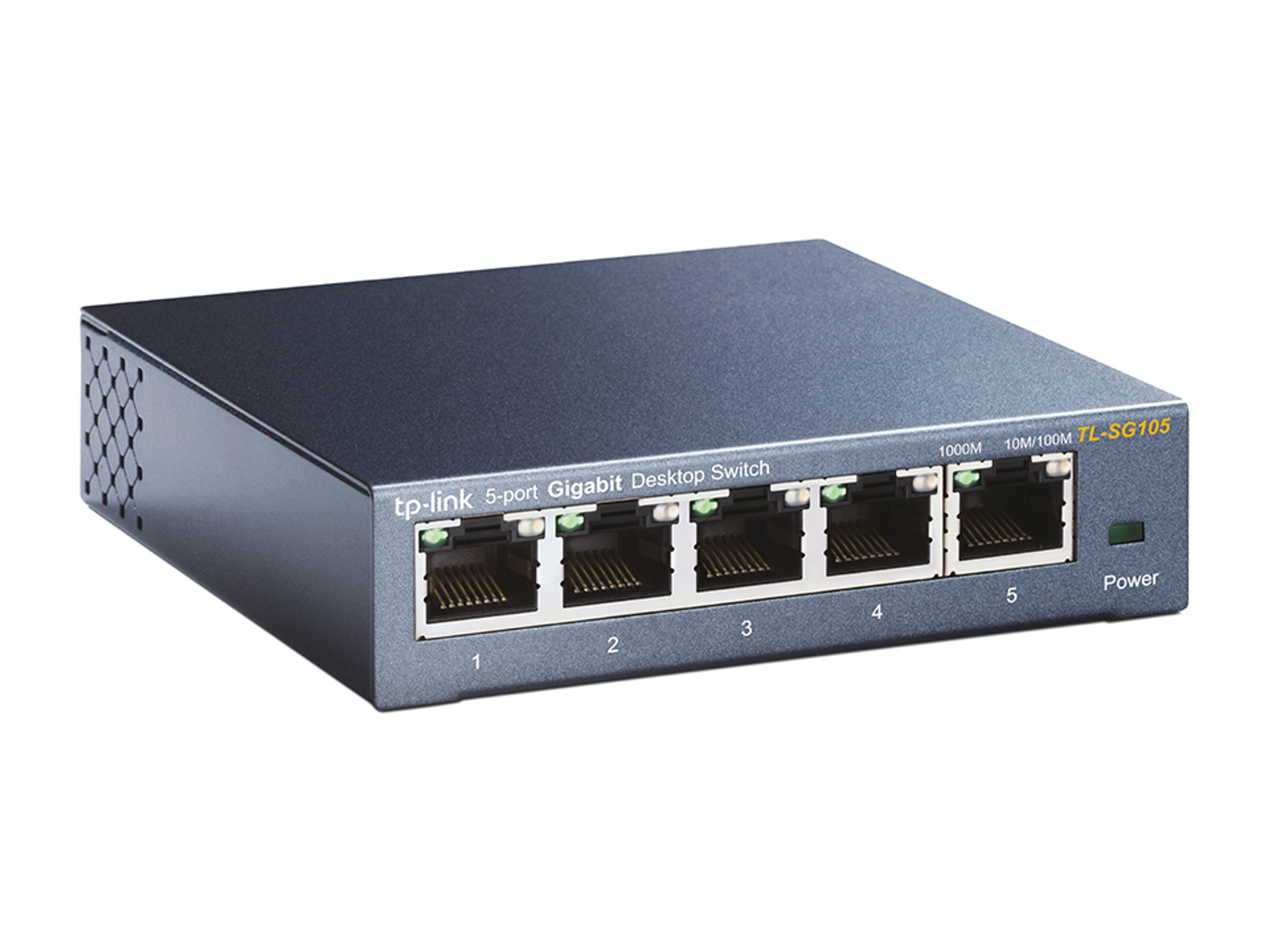 Uno switch desktop Gigabit a 5 porte tp-link grigio. Ha cinque porte e un indicatore di alimentazione.