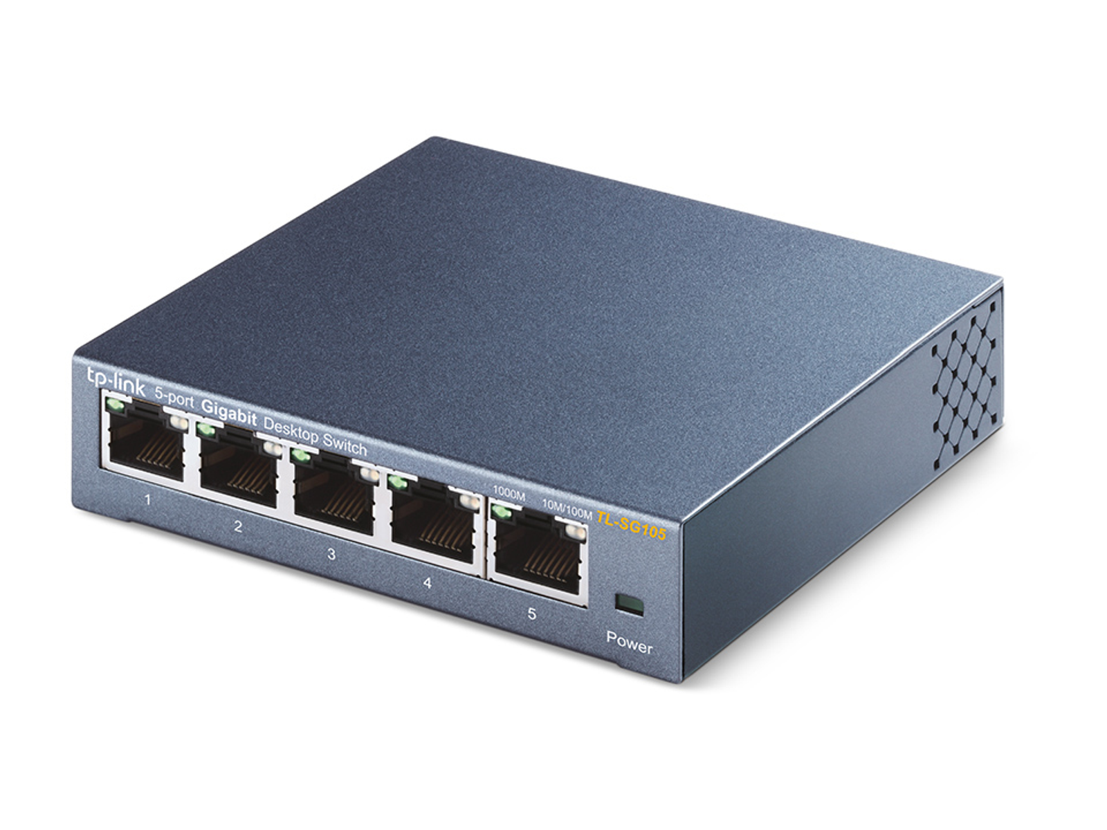 Switch di rete blu-grigio. Cinque porte ethernet. Etichette, pulsante di accensione. Sfondo bianco.