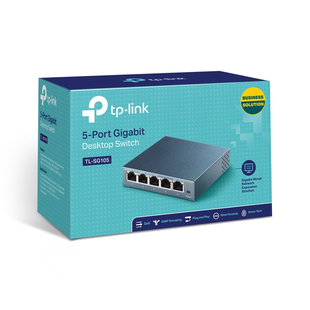 Scatola TP-Link 5-Port Gigabit Desktop Switch, blu e bianco, sfondo bianco.