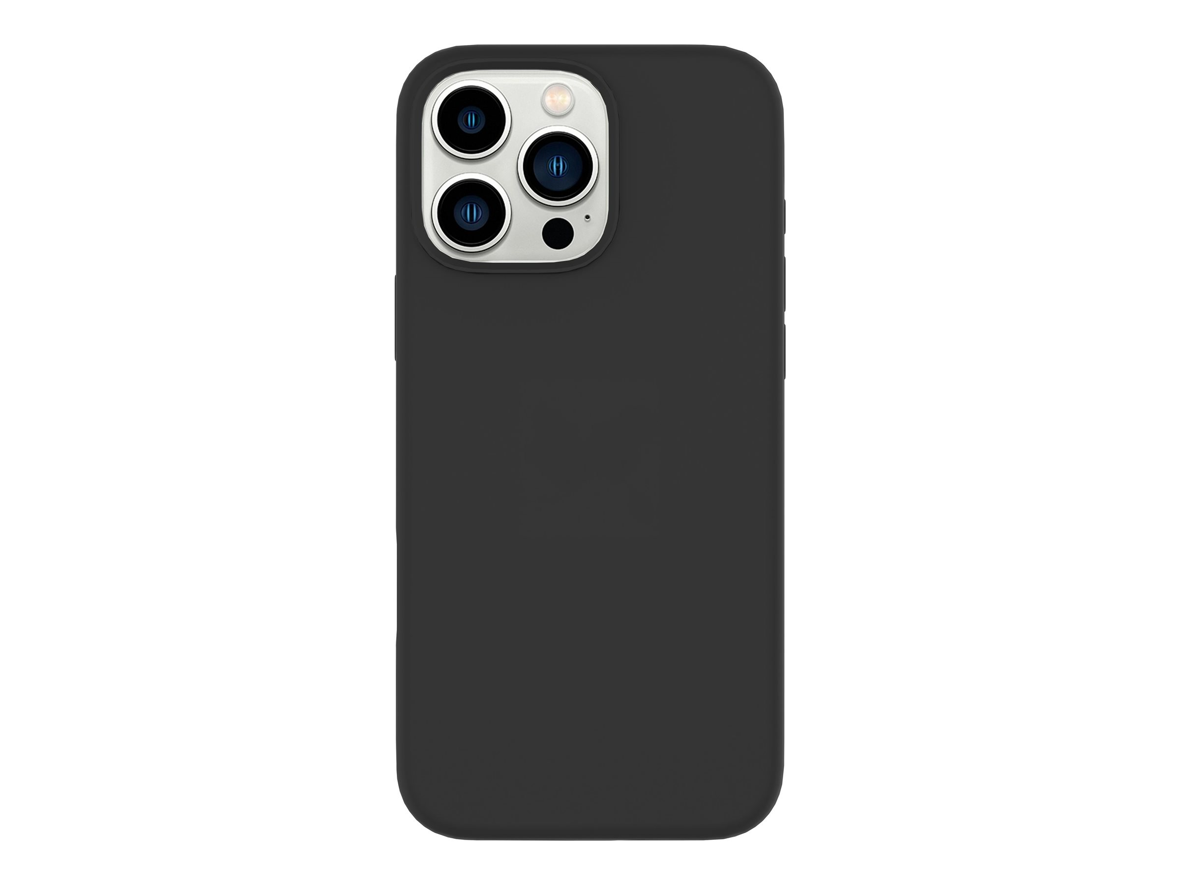 Custodia nera per telefono con lenti della fotocamera, sfondo bianco.