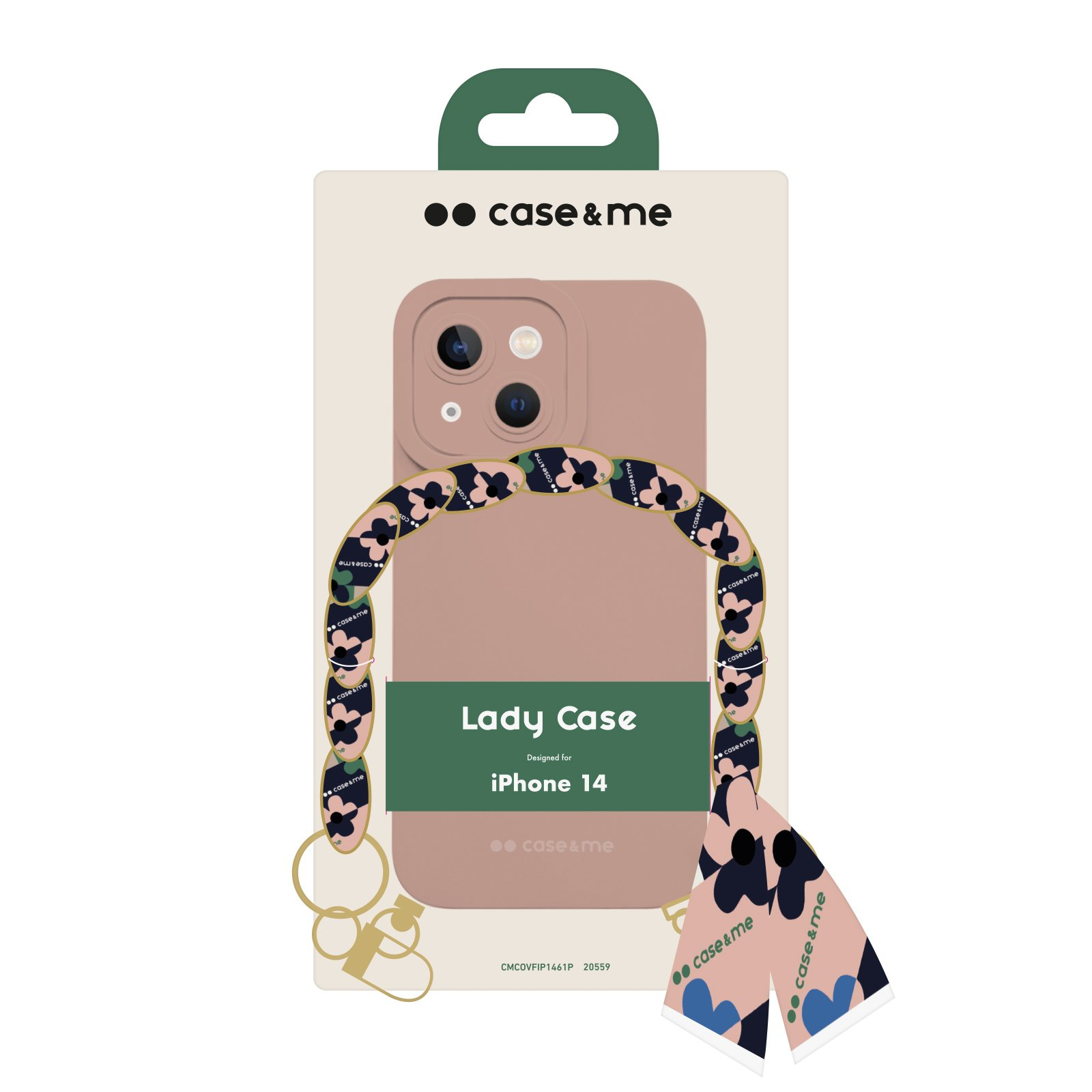 Funda iPhone 14 Lady Case en caja con correa. Funda rosa, correa con estampado floral.