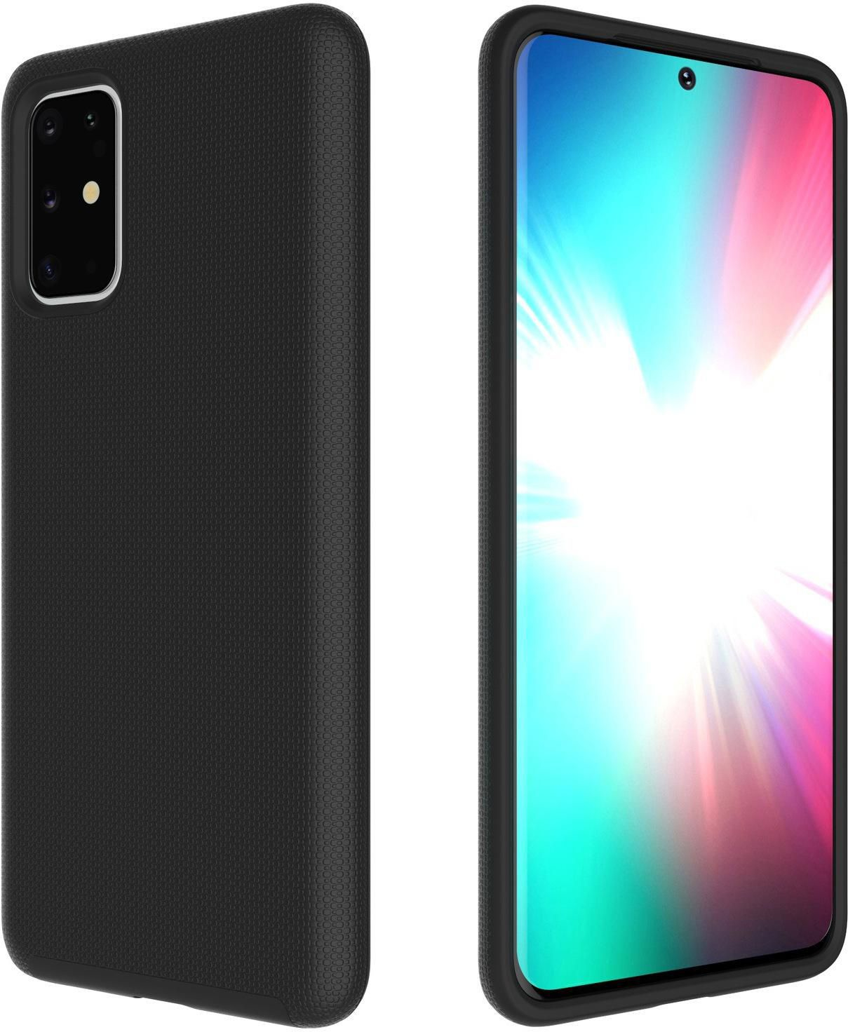 Custodia nera per telefono con ritagli per telefono e fotocamera, vista laterale.