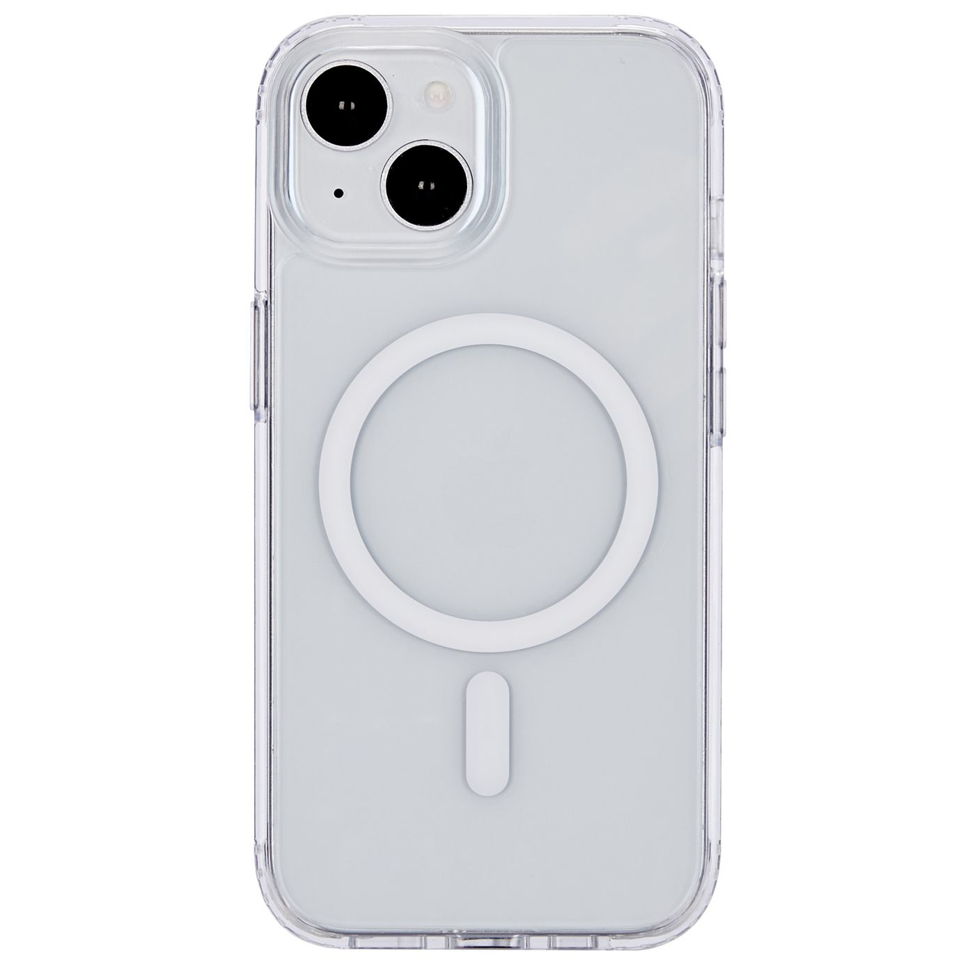 Custodia trasparente con anello magnetico bianco e telefono su sfondo bianco.