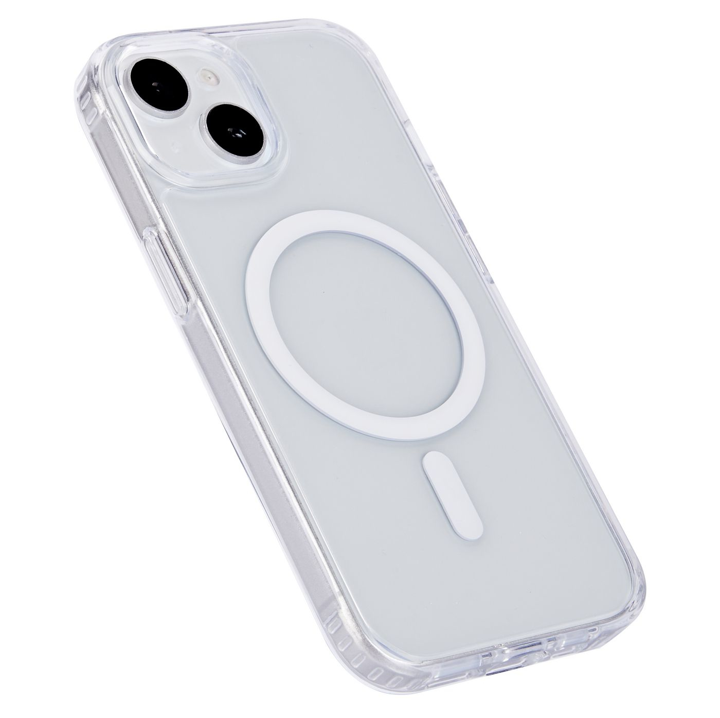 Una custodia trasparente con un design MagSafe circolare bianco. La custodia è su uno sfondo bianco.