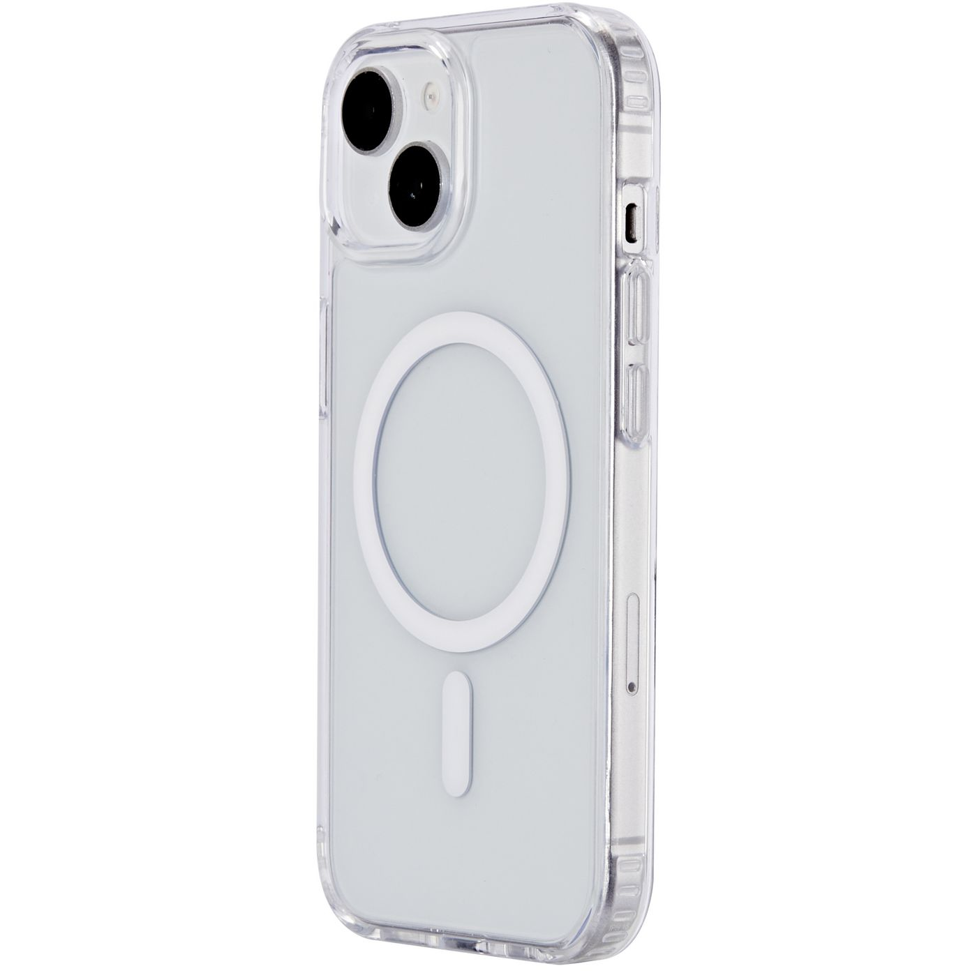 Custodia trasparente con due fotocamere, cerchio bianco e design magnetico.
