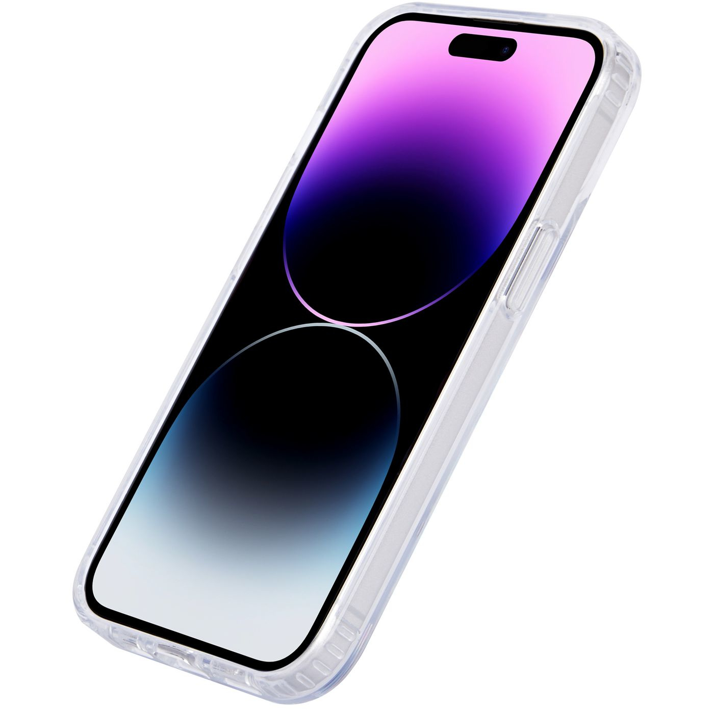 iPhone in custodia trasparente, vista angolata. Lo schermo del telefono mostra una sfumatura.