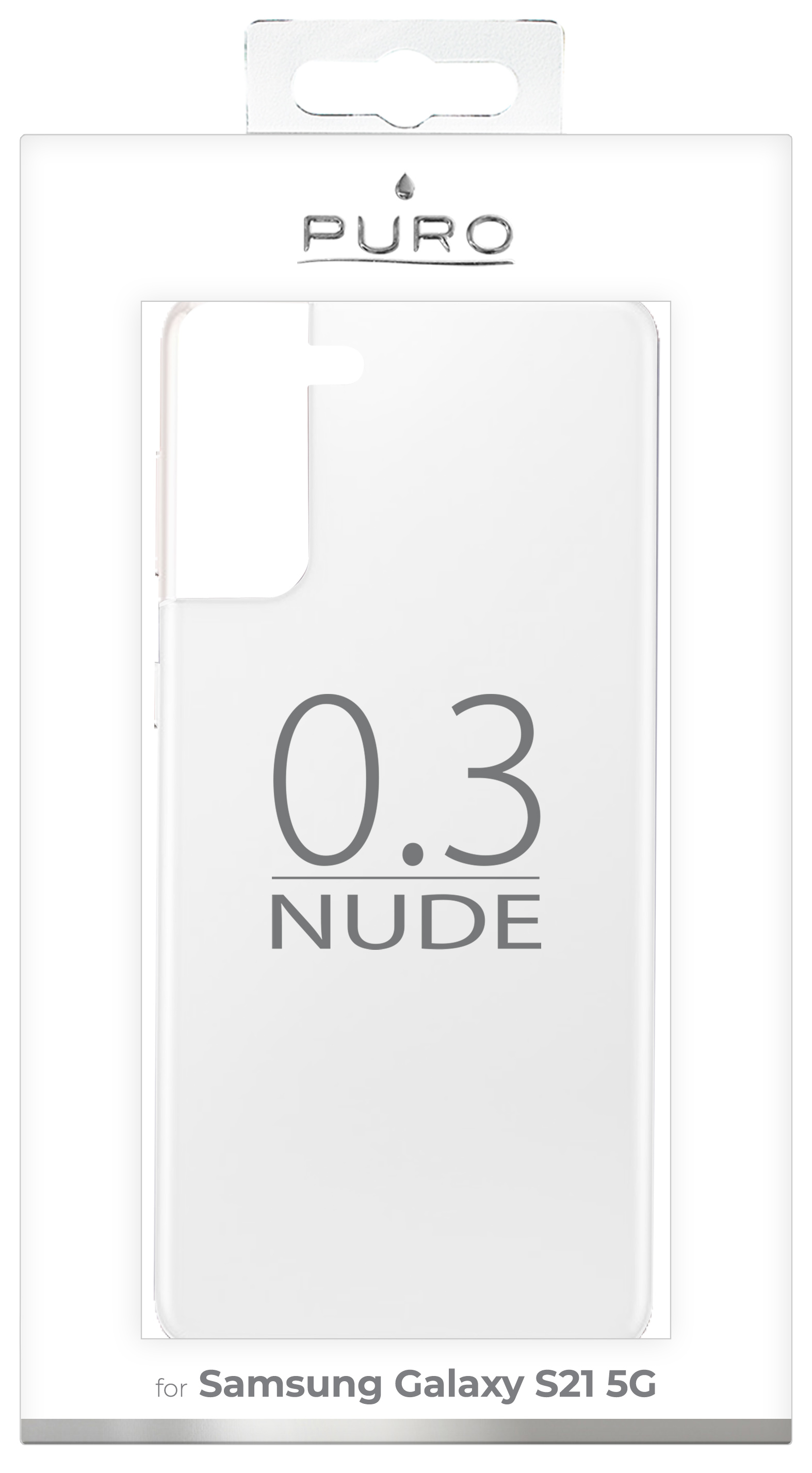 Custodia trasparente in confezione bianca. Sulla custodia c'è la scritta '0.3 NUDE'.