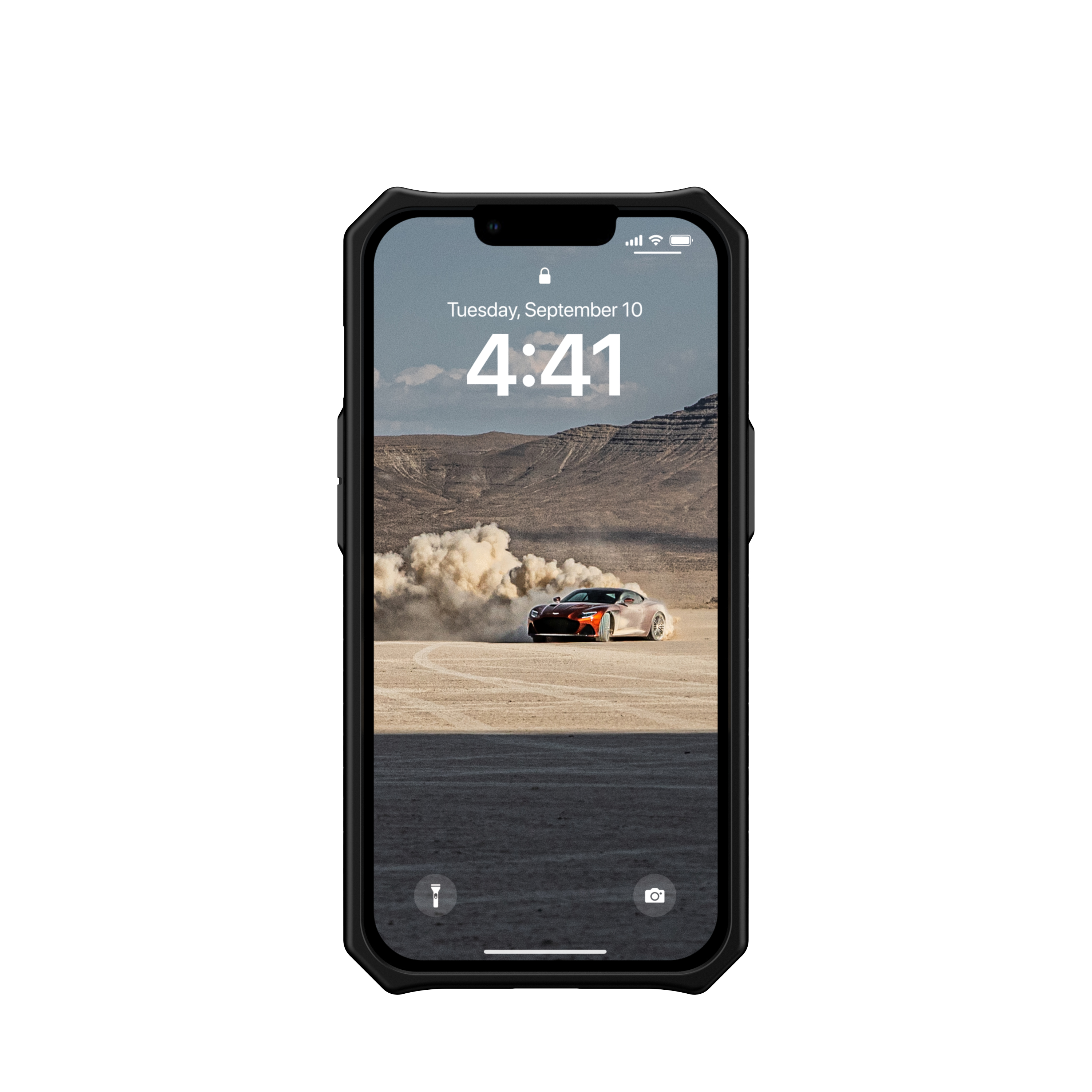 Schwarzes Telefon in einer Hülle, das eine Wüstenszene auf dem Bildschirm zeigt. Die Uhrzeit ist 4:41.