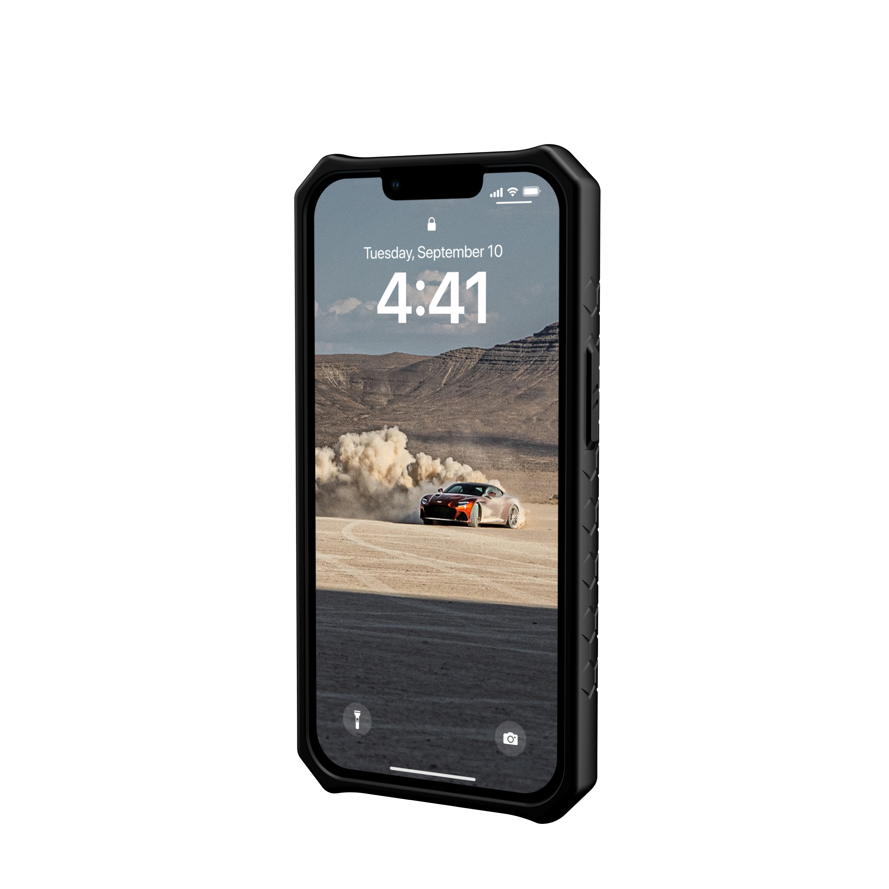 Schwarze Handyhülle mit Wüstenszene auf dem Bildschirm. Das Telefon ist in einer schwarzen Hülle.