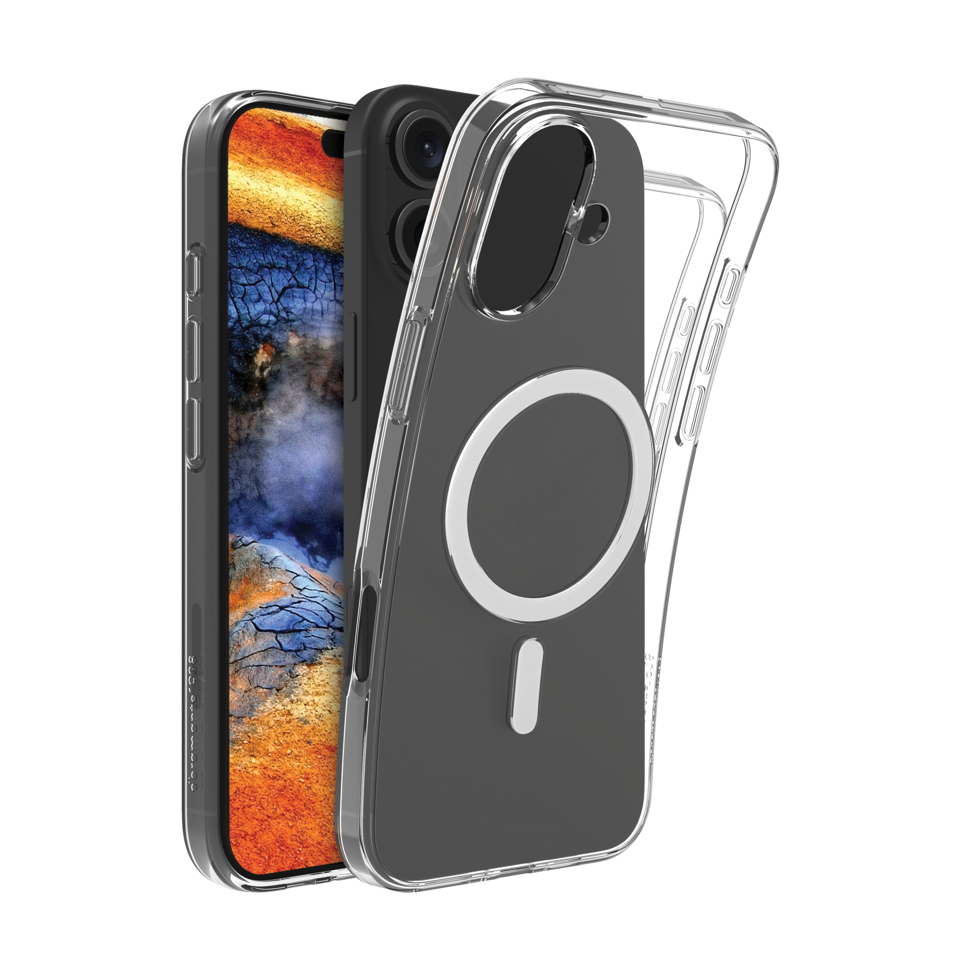 Custodia trasparente con anello magnetico e telefono all'interno.