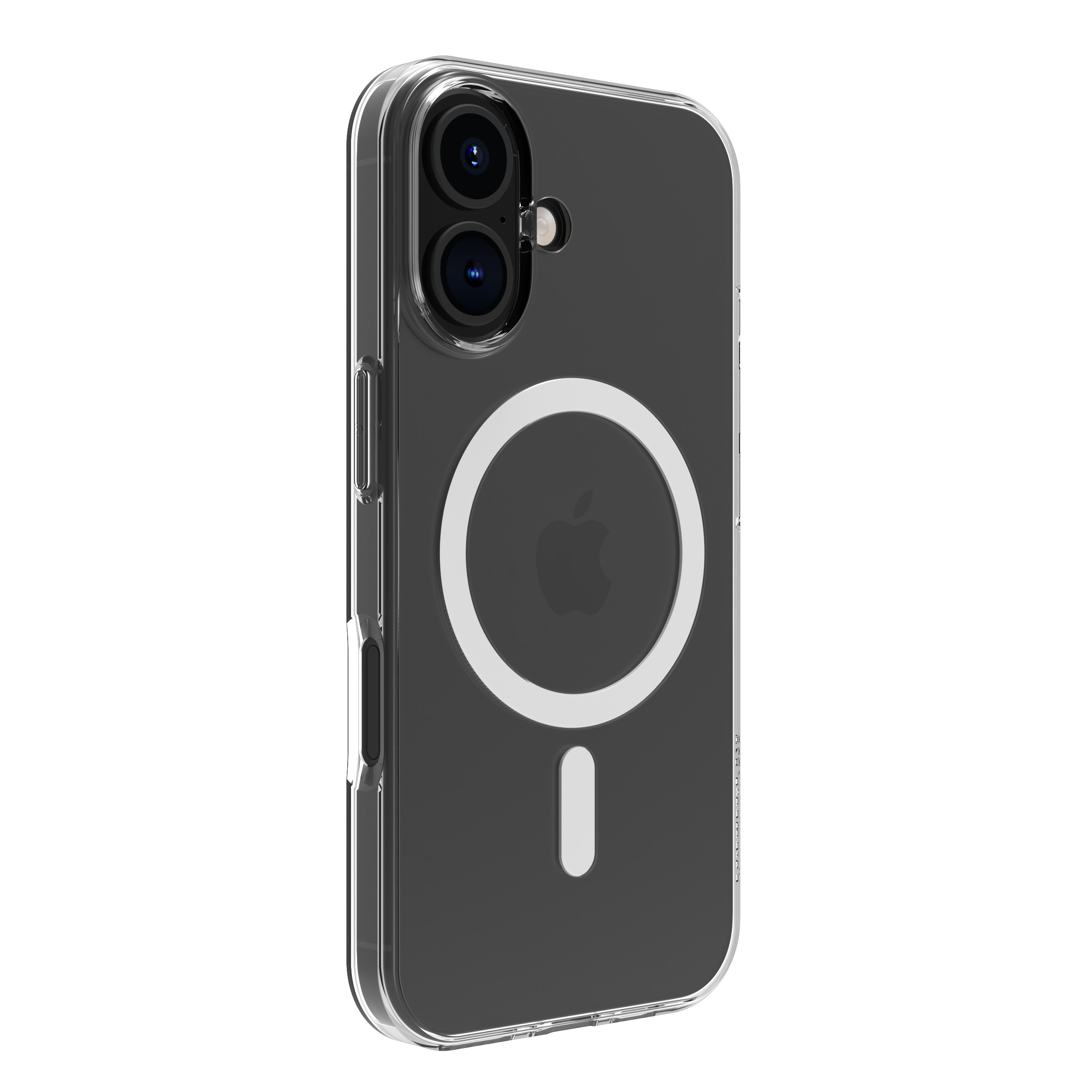 Custodia trasparente con due fotocamere, un logo Apple e un design magnetico.