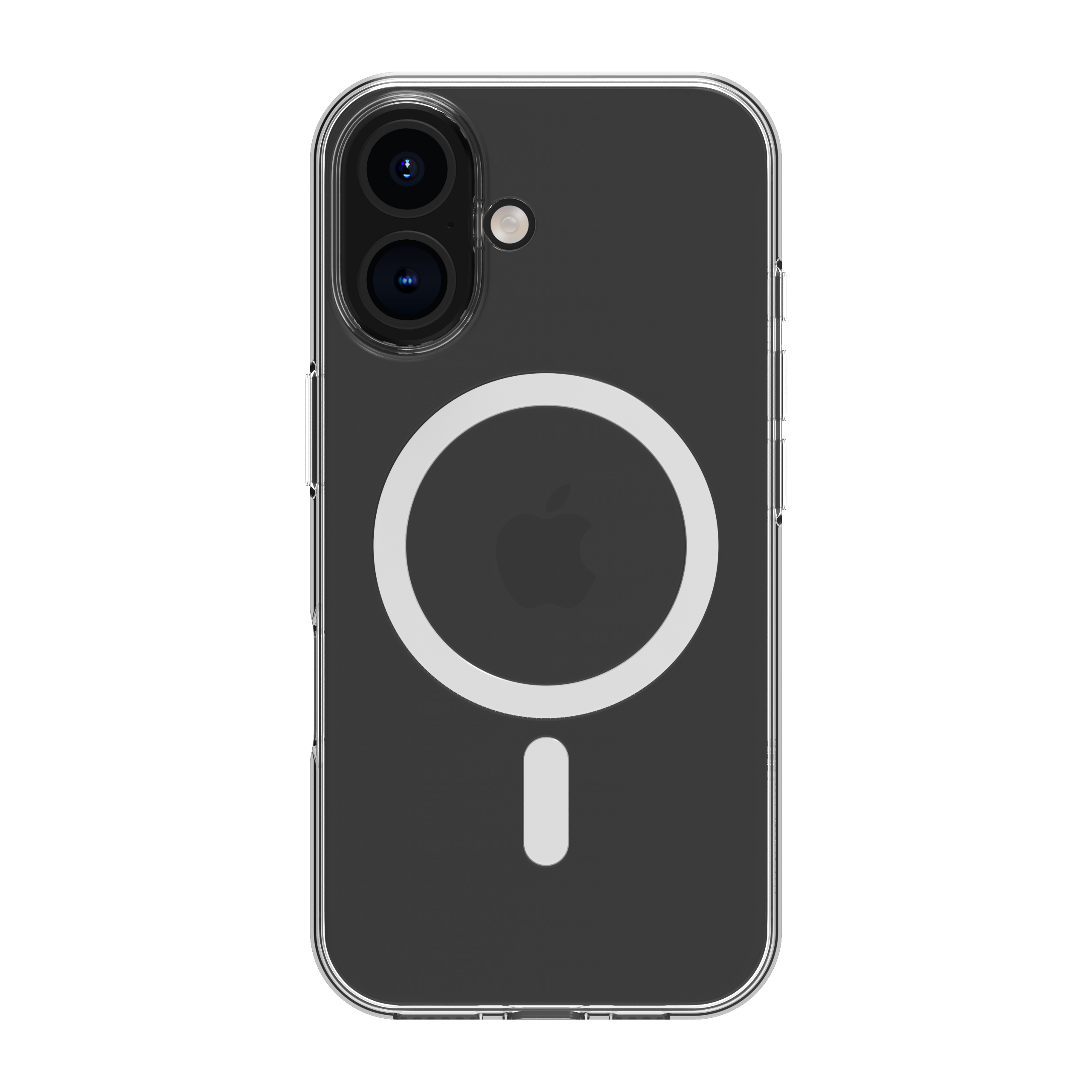 Telefono nero con custodia trasparente. Cerchio bianco e simbolo meno sul retro.