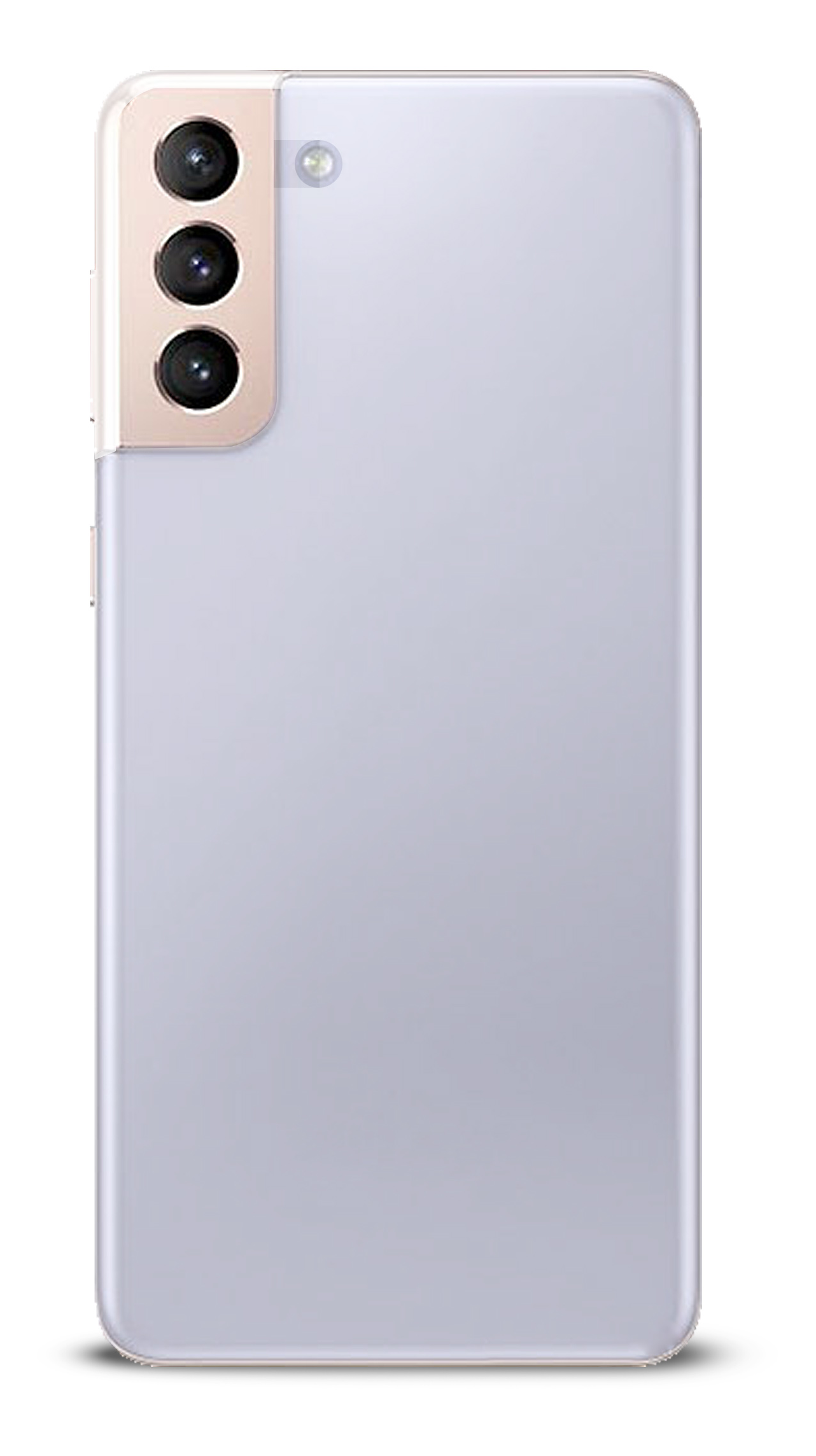 Retro di smartphone viola con tre fotocamere e flash. Bordo nero.