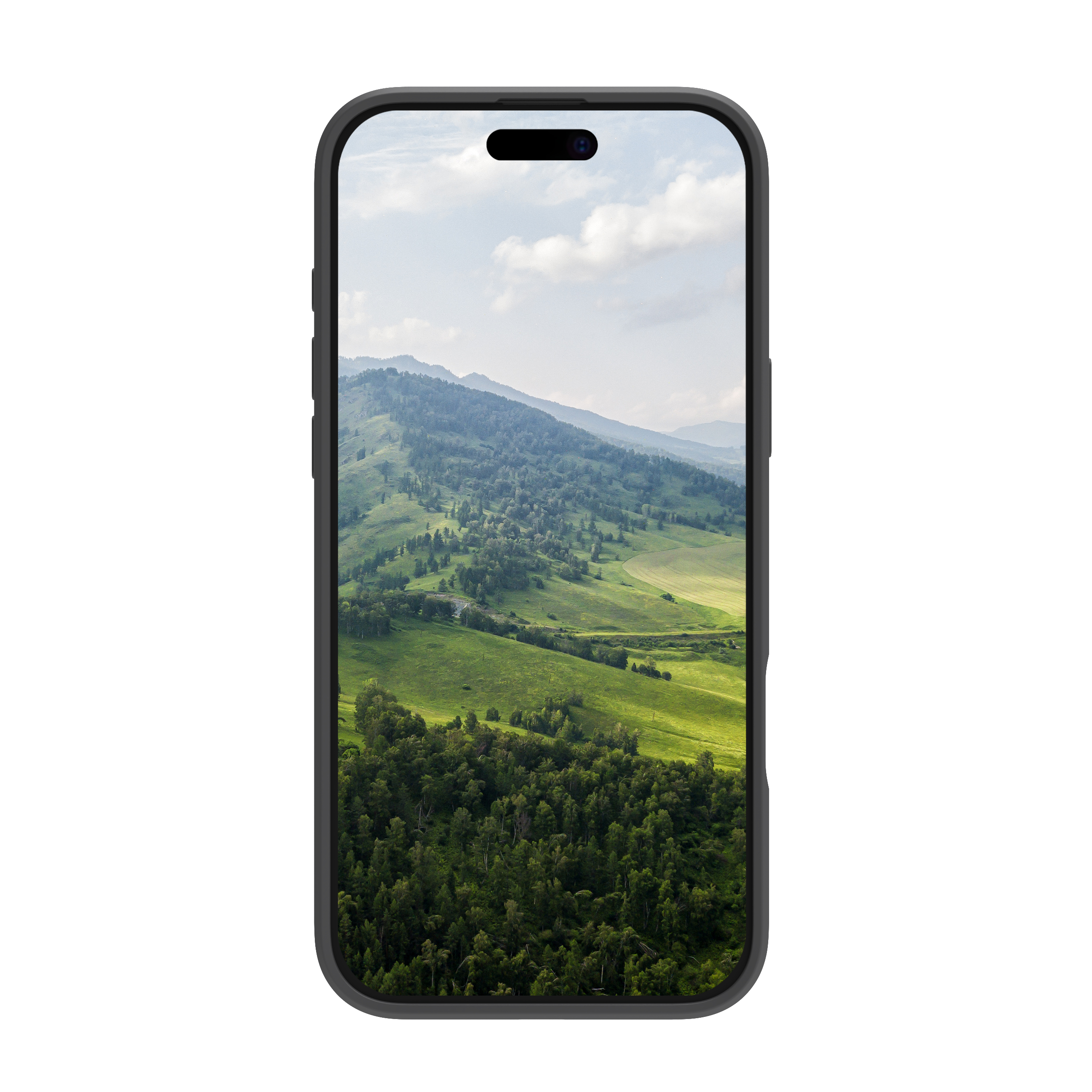 Lo schermo dello smartphone mostra un paesaggio di colline verdi e foreste sotto un cielo nuvoloso.