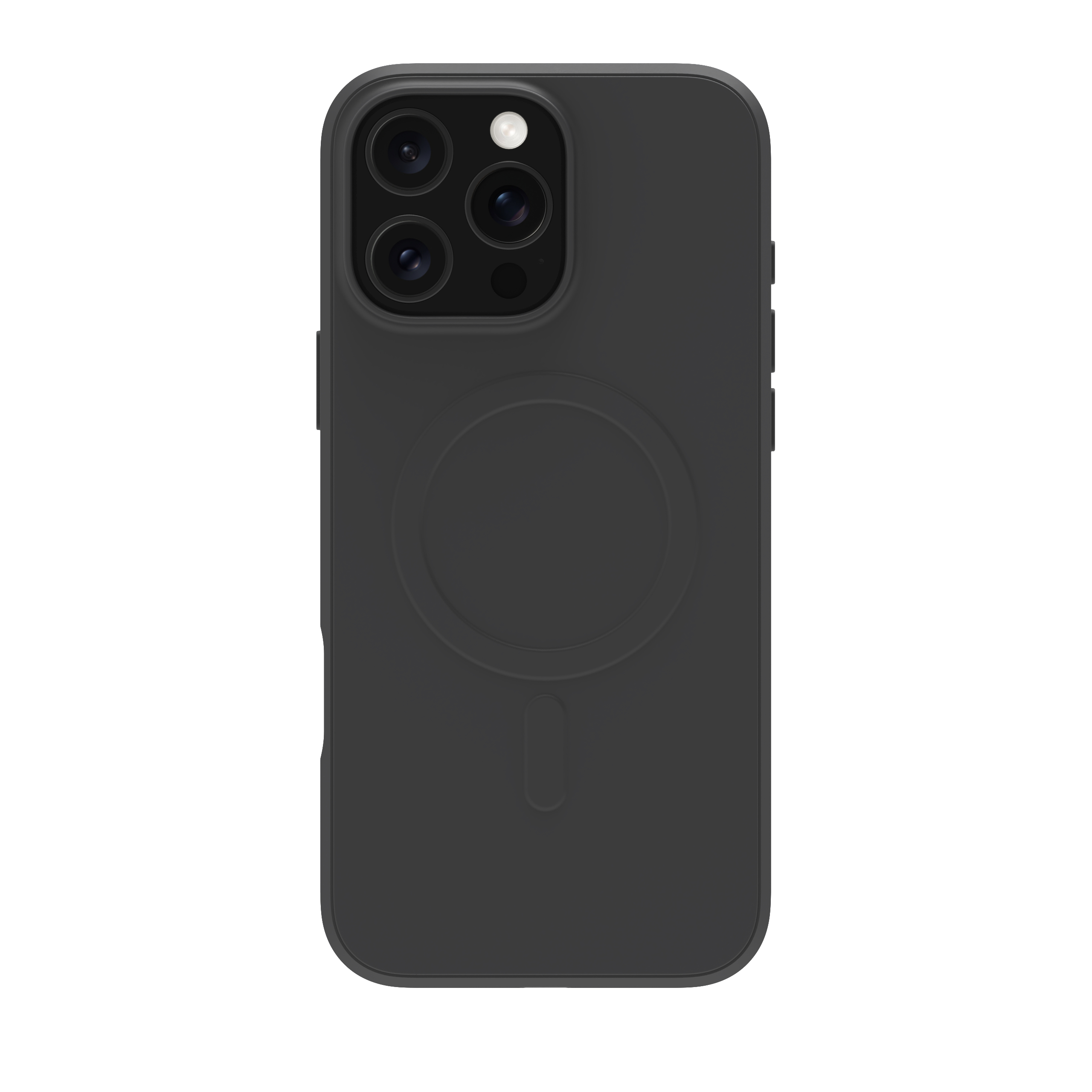 Custodia nera con tre lenti della fotocamera e funzione MagSafe circolare bianca su sfondo bianco.