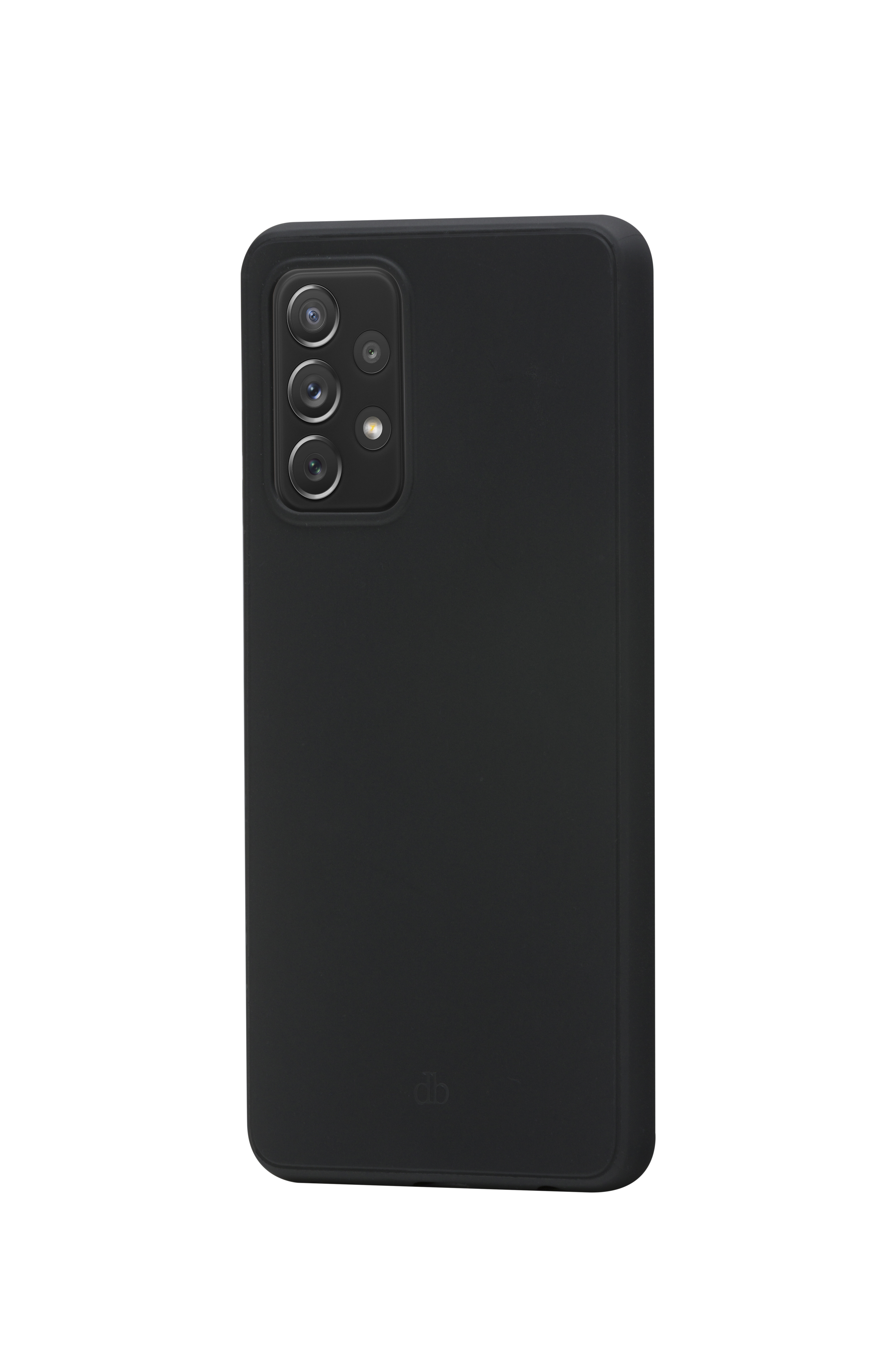 Retro del telefono nero con tre lenti della fotocamera, un flash e una custodia nera su sfondo bianco.