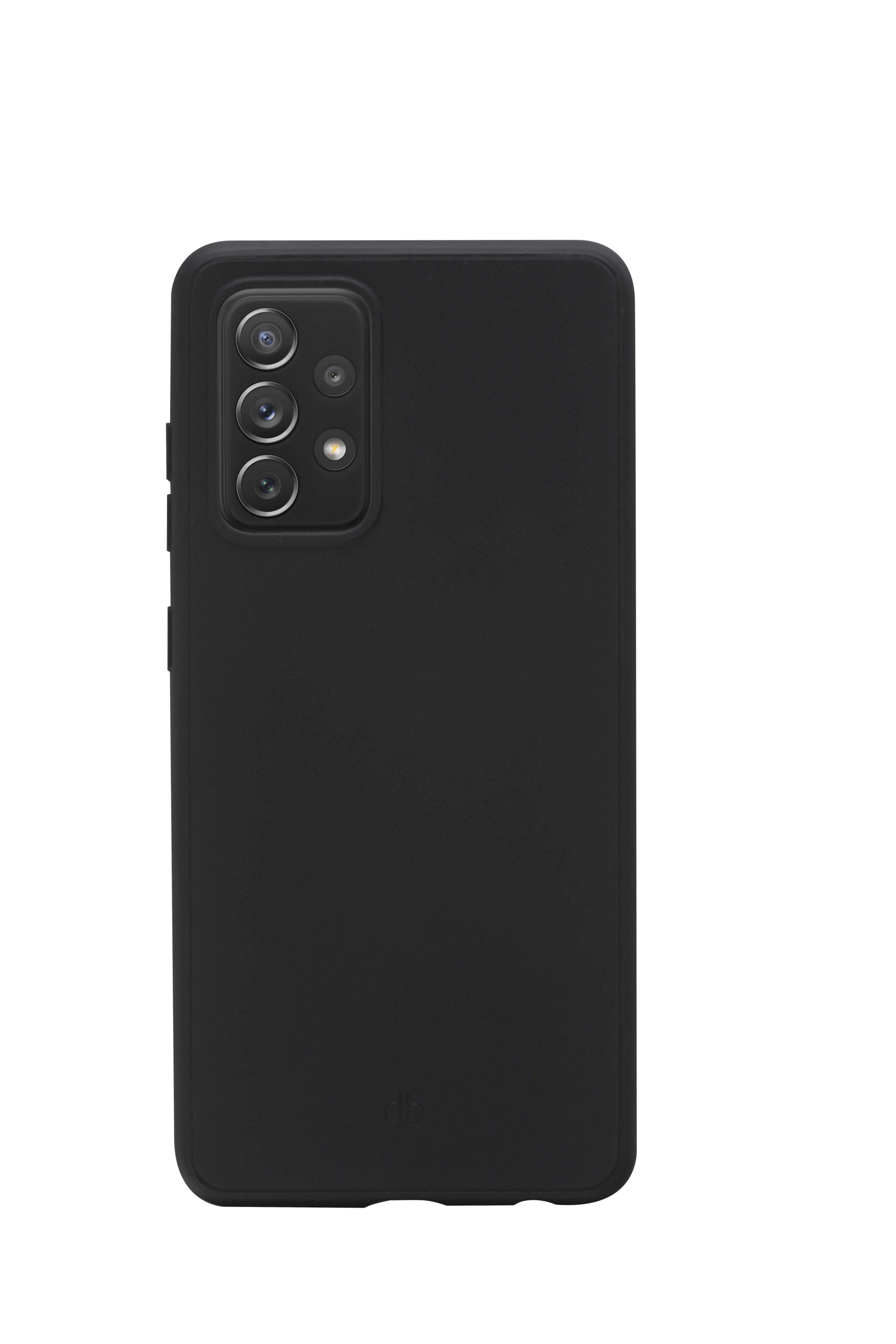 Custodia nera per telefono con tre fotocamere su sfondo bianco.