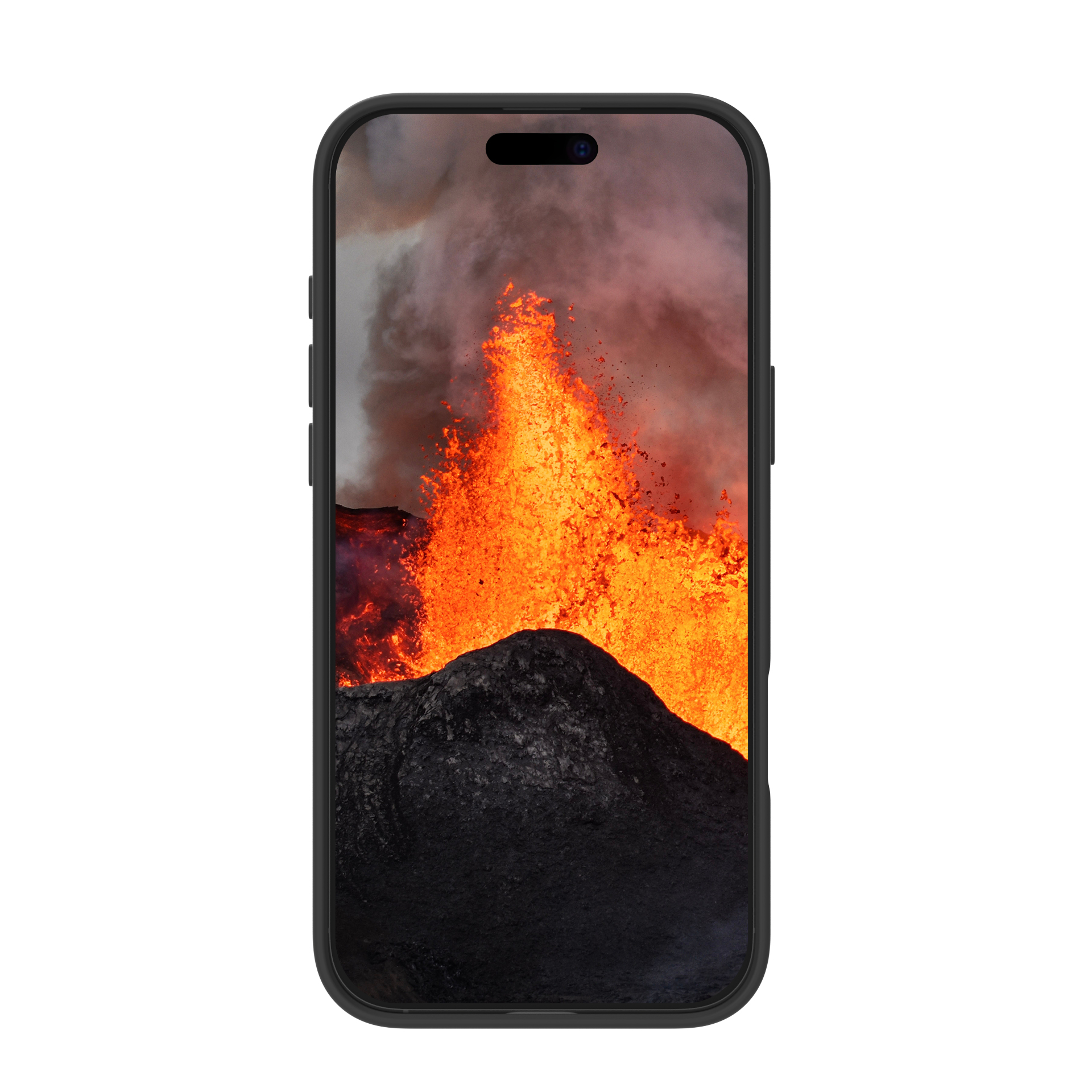 Un telefono nero che mostra un vulcano con lava in eruzione. Lo sfondo è bianco.