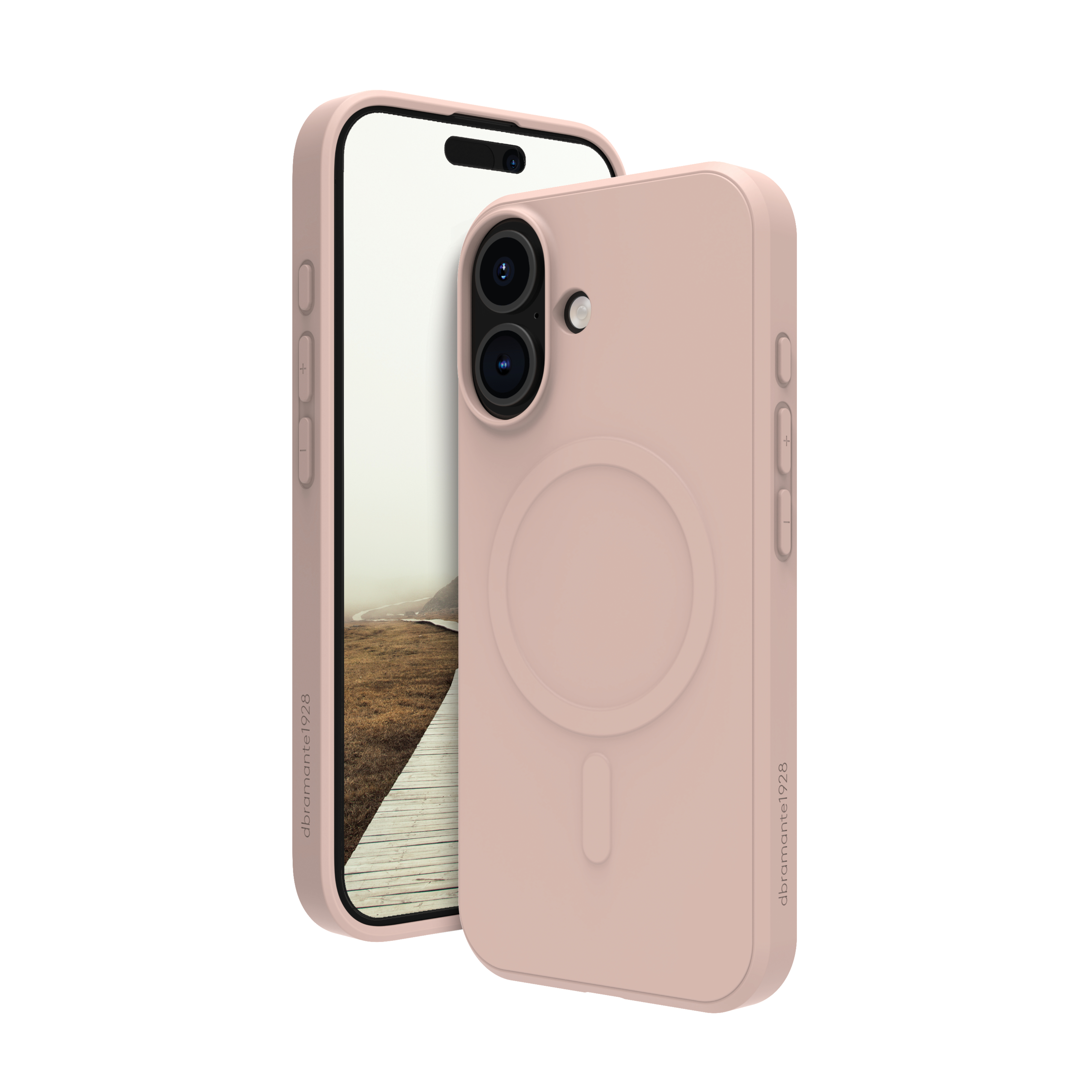 Custodia rosa con un telefono dentro. La custodia ha un cerchio.