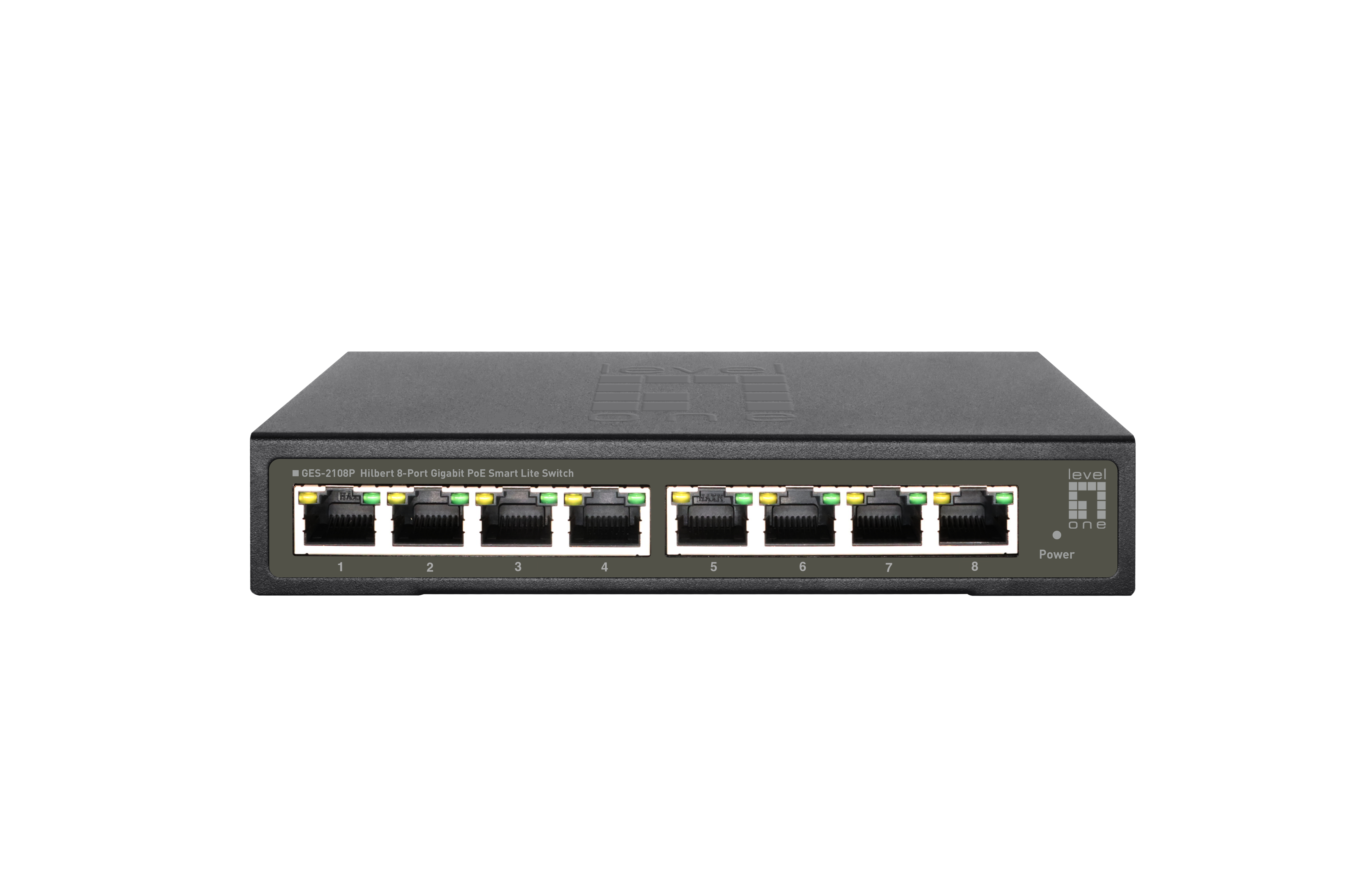 Uno switch nero con 8 porte ed etichette, con il logo Level One.