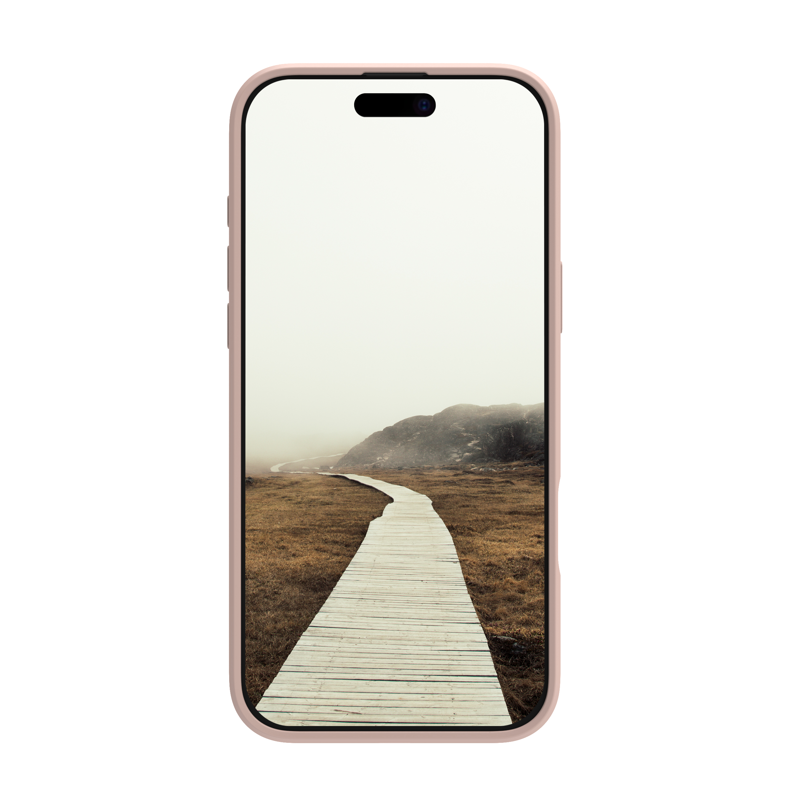 Telefono rosa con un paesaggio sullo schermo e sfondo bianco.