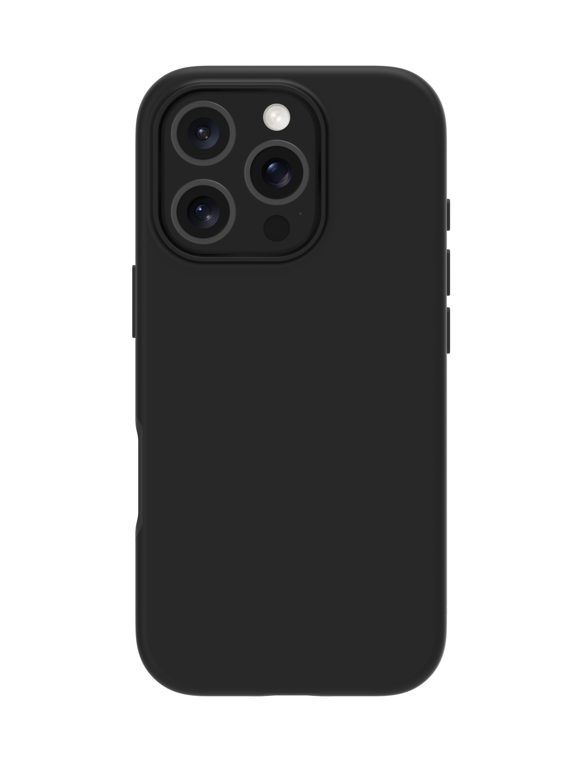 Una custodia nera per telefono con sporgenza per fotocamera e pulsanti. Ha una finitura opaca liscia.