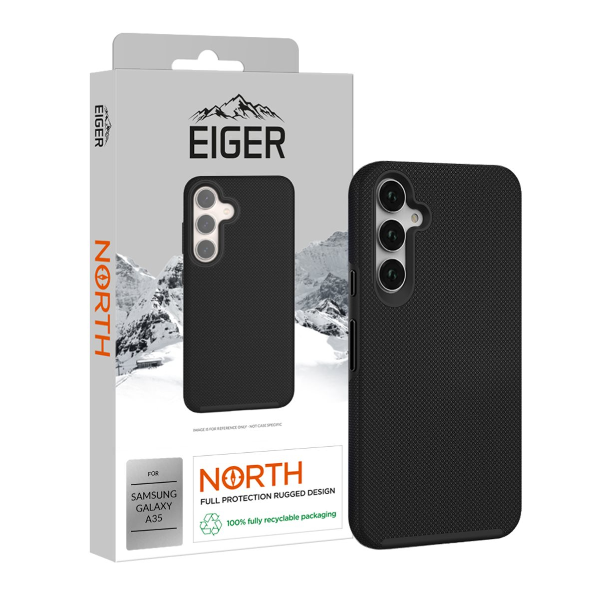 Custodia nera per telefono con una scatola. La scatola ha il marchio EIGER e il testo NORTH.
