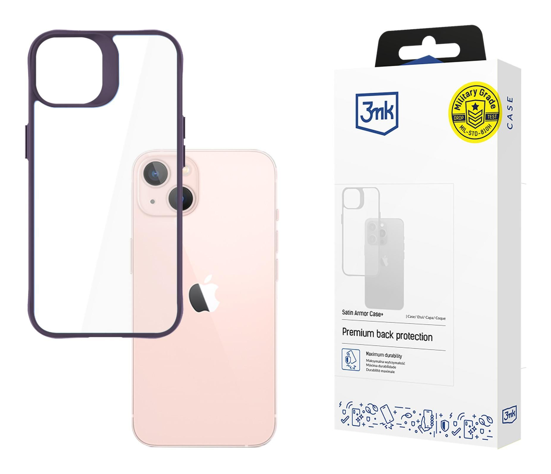 Etui i telefon, z przezroczystym tyłem i fioletową obwódką. Białe tło.
