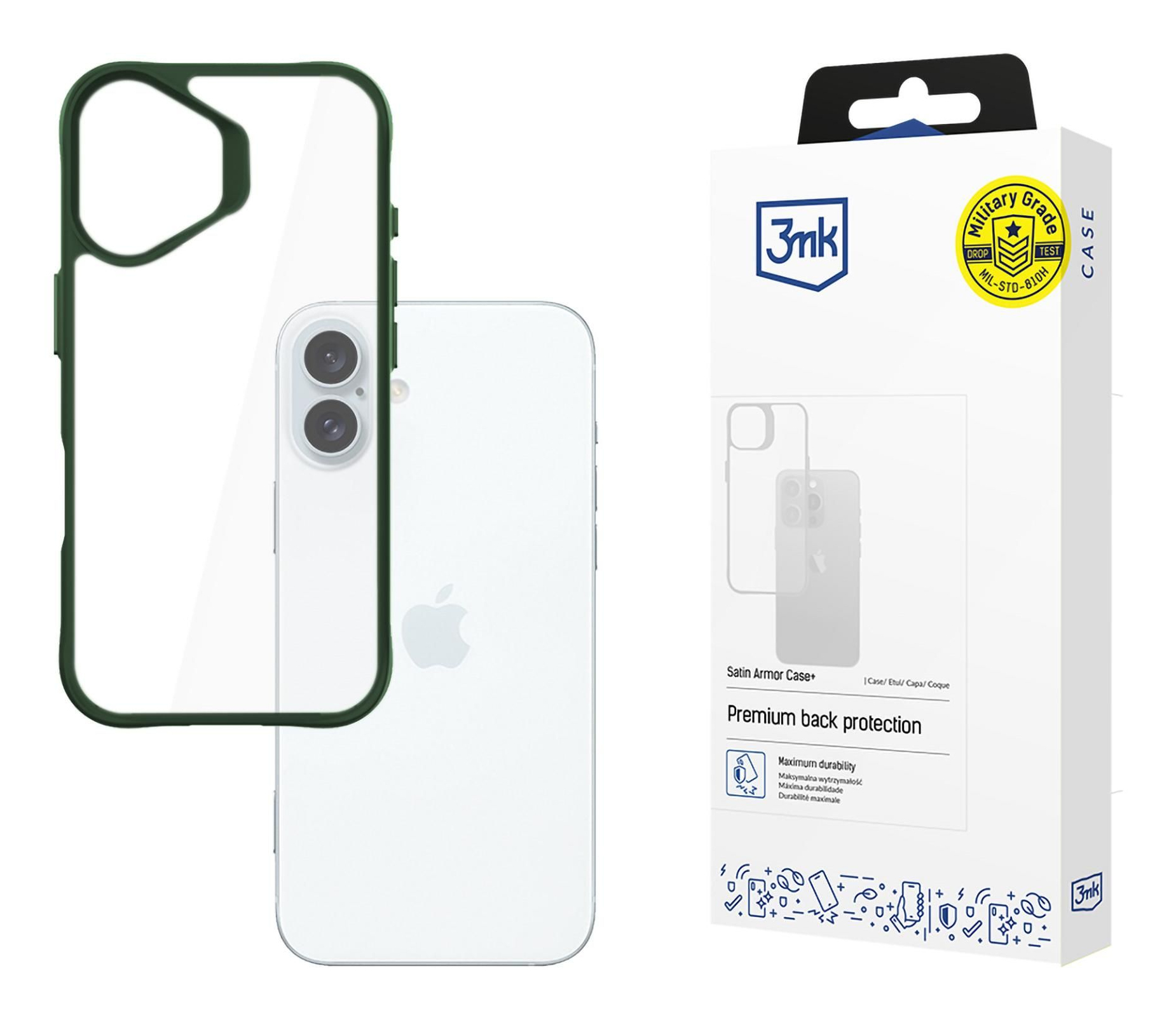 Smartphone, custodia trasparente con bordo verde e scatola. Telefono bianco, custodia verde.
