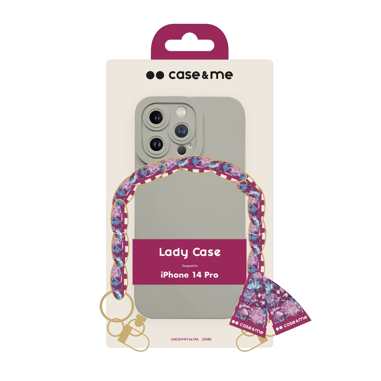 Pacchetto Lady Case per iPhone 14 Pro. La custodia è grigia con un cinturino.