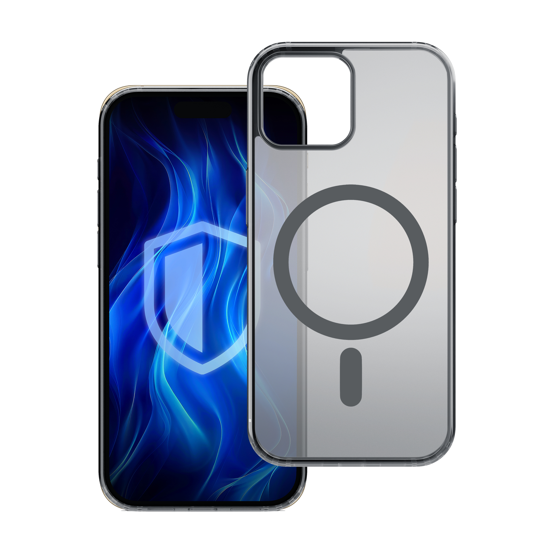 Telefono con custodia trasparente. Design a scudo energetico blu sullo schermo. La custodia ha un anello MagSafe.