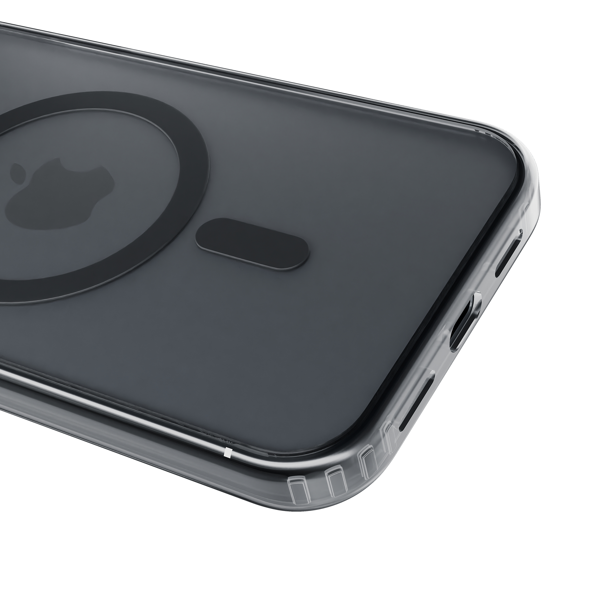 Primo piano di una custodia trasparente per telefono con anello MagSafe. La fotocamera del telefono è visibile.