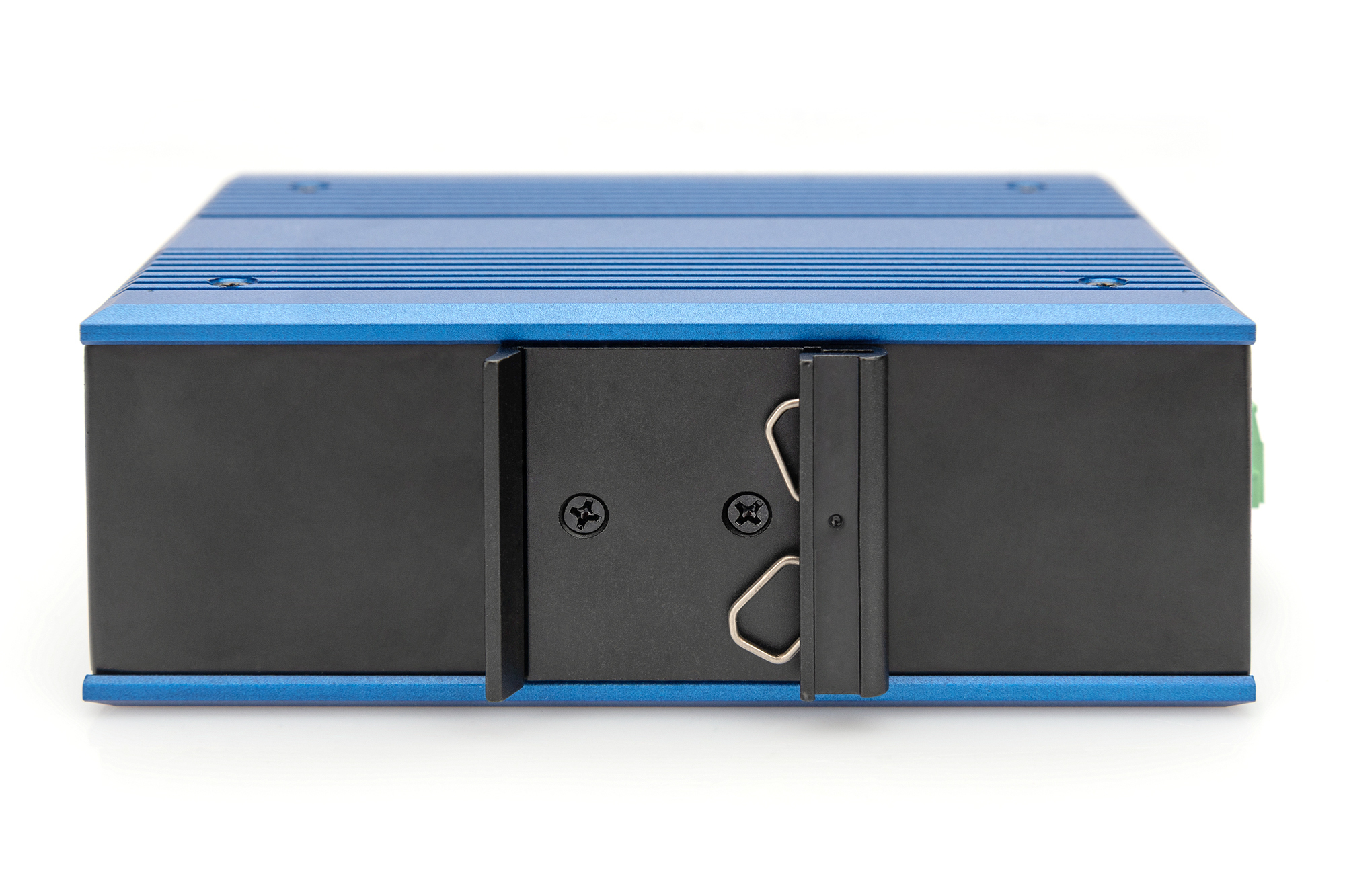 Dispositivo blu e nero con staffa nera. Le viti sono visibili. Sfondo bianco.