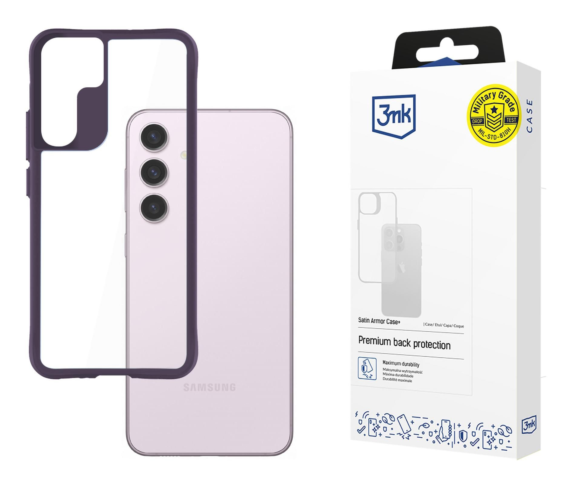 Telefono e custodia con scatola, su sfondo bianco, che mostra la custodia e il telefono.