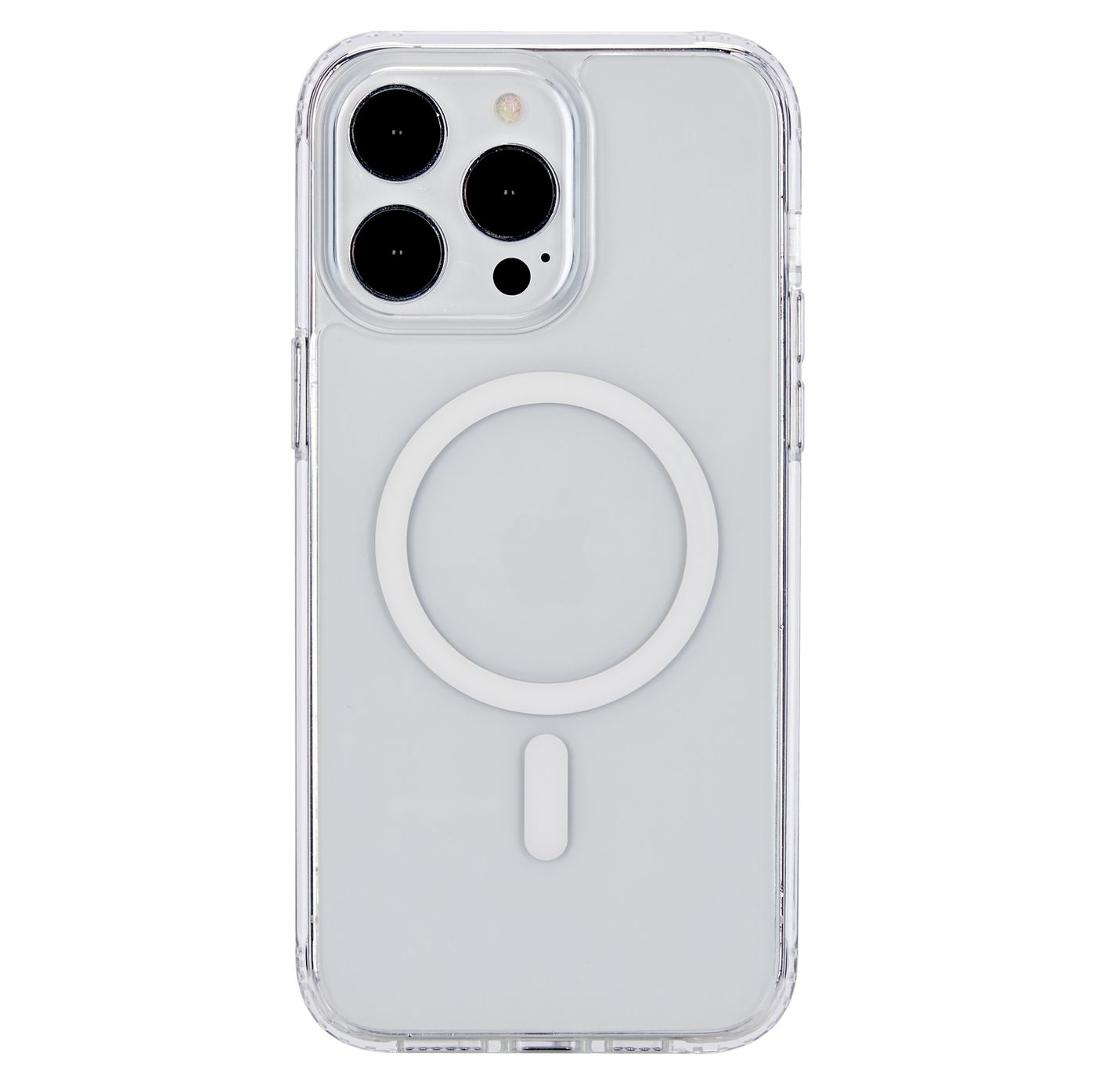 Custodia trasparente con anello magnetico bianco e area fotocamera, su sfondo bianco.